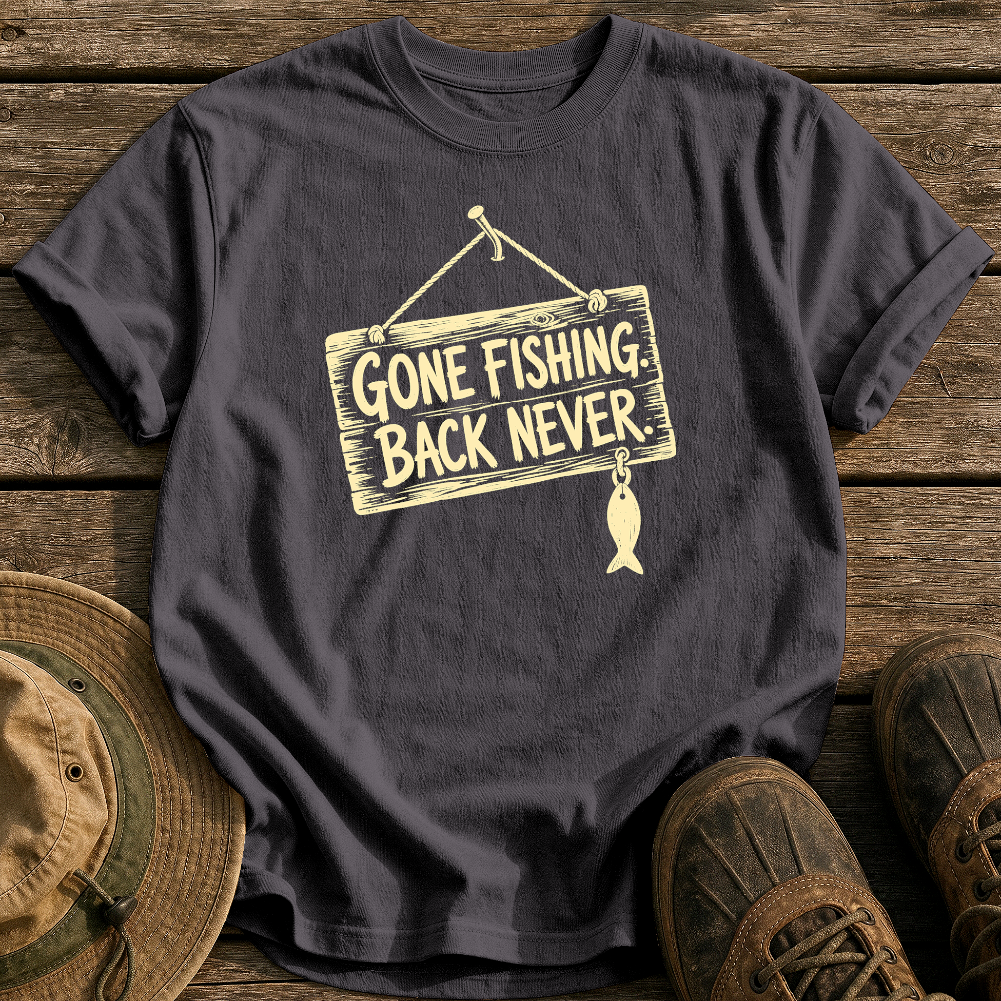 Gone Fishing Back Never tee - Graphite - front