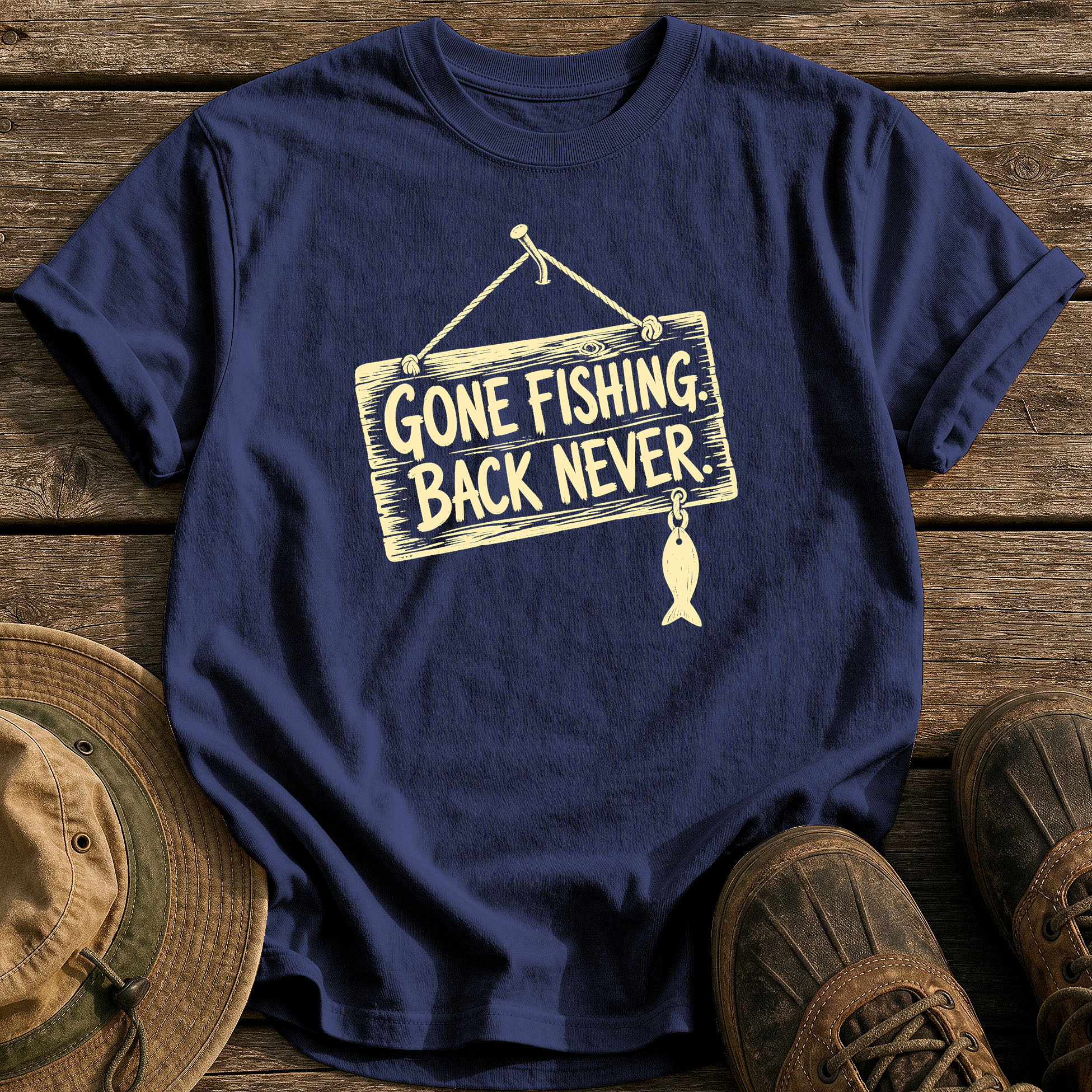 Gone Fishing Back Never tee - True Navy - front