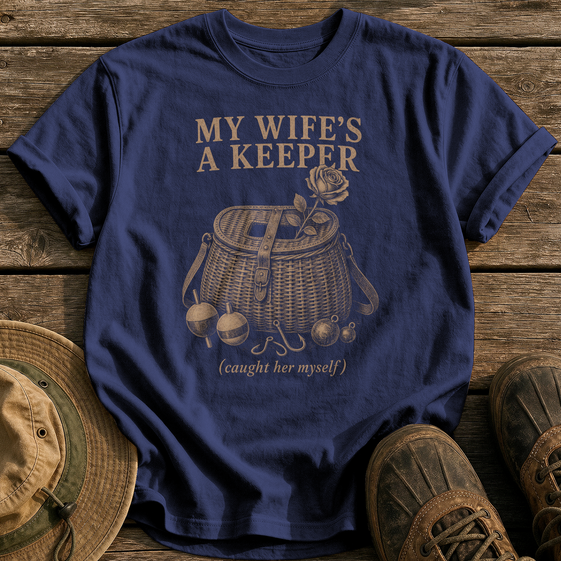 My Wife's A Keeper tee - True Navy - front