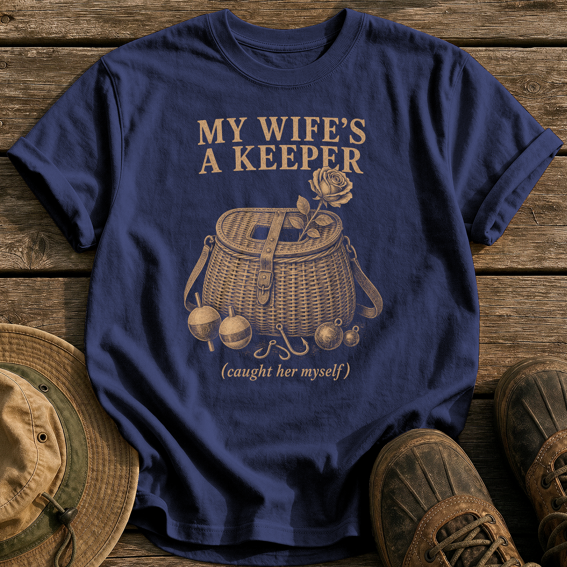 My Wife's A Keeper tee - True Navy - front