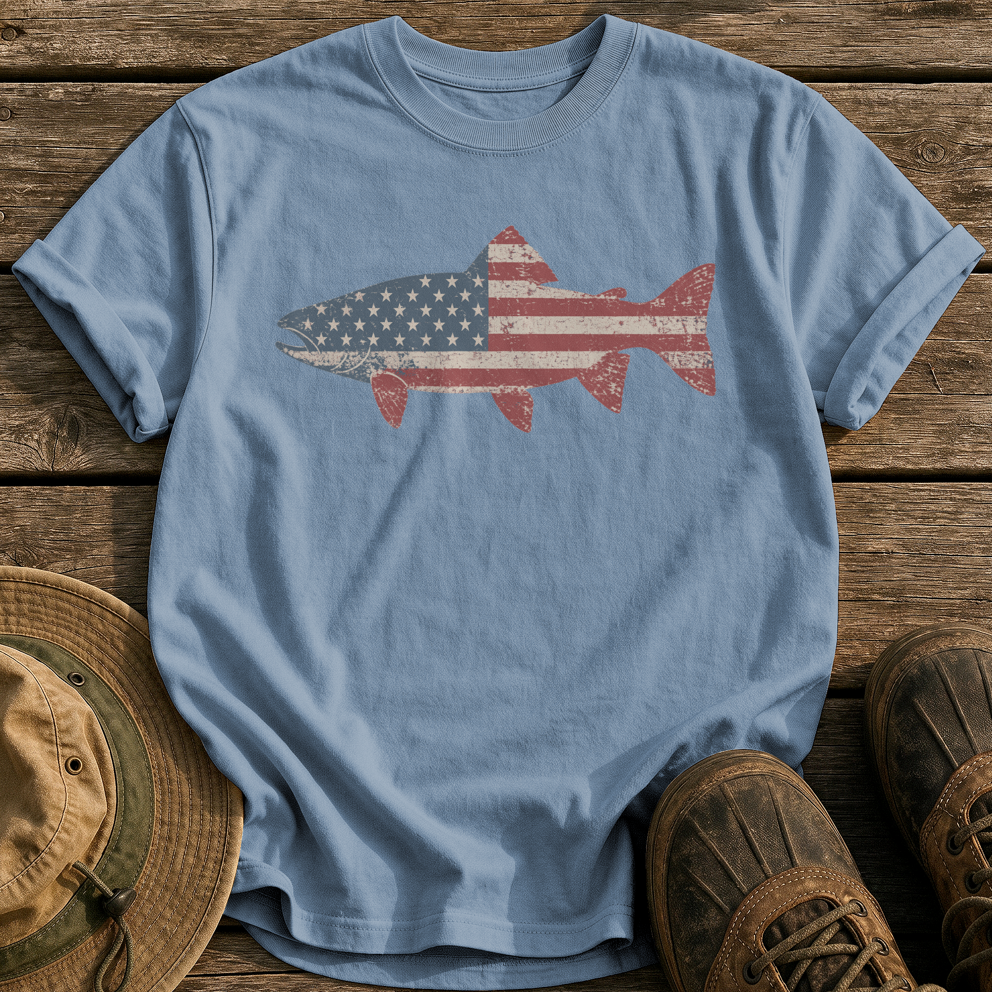 Stars & Stripes Trout tee - Blue Jean - front