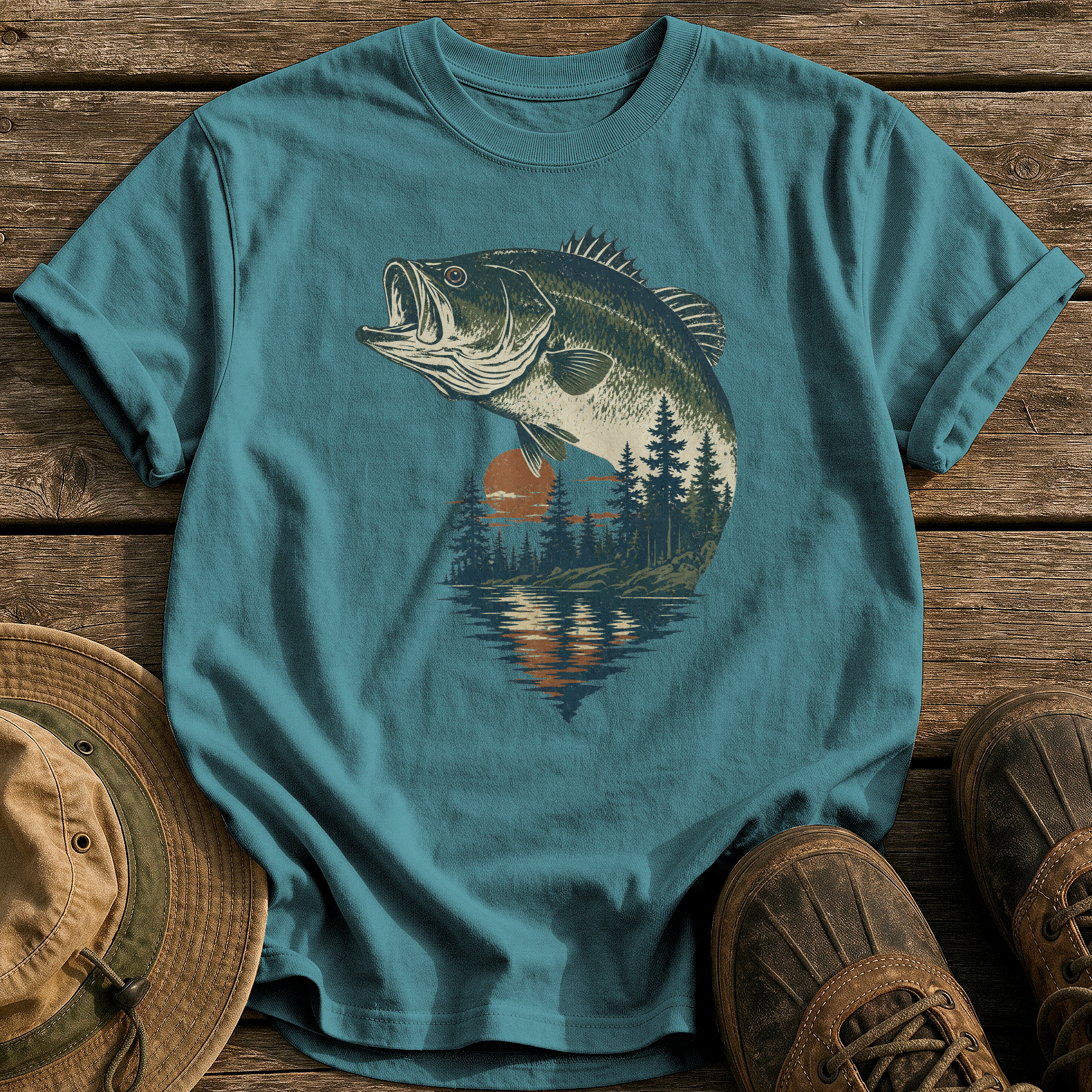 Bass & Pines At Dusk tee - Blue Spruce - front