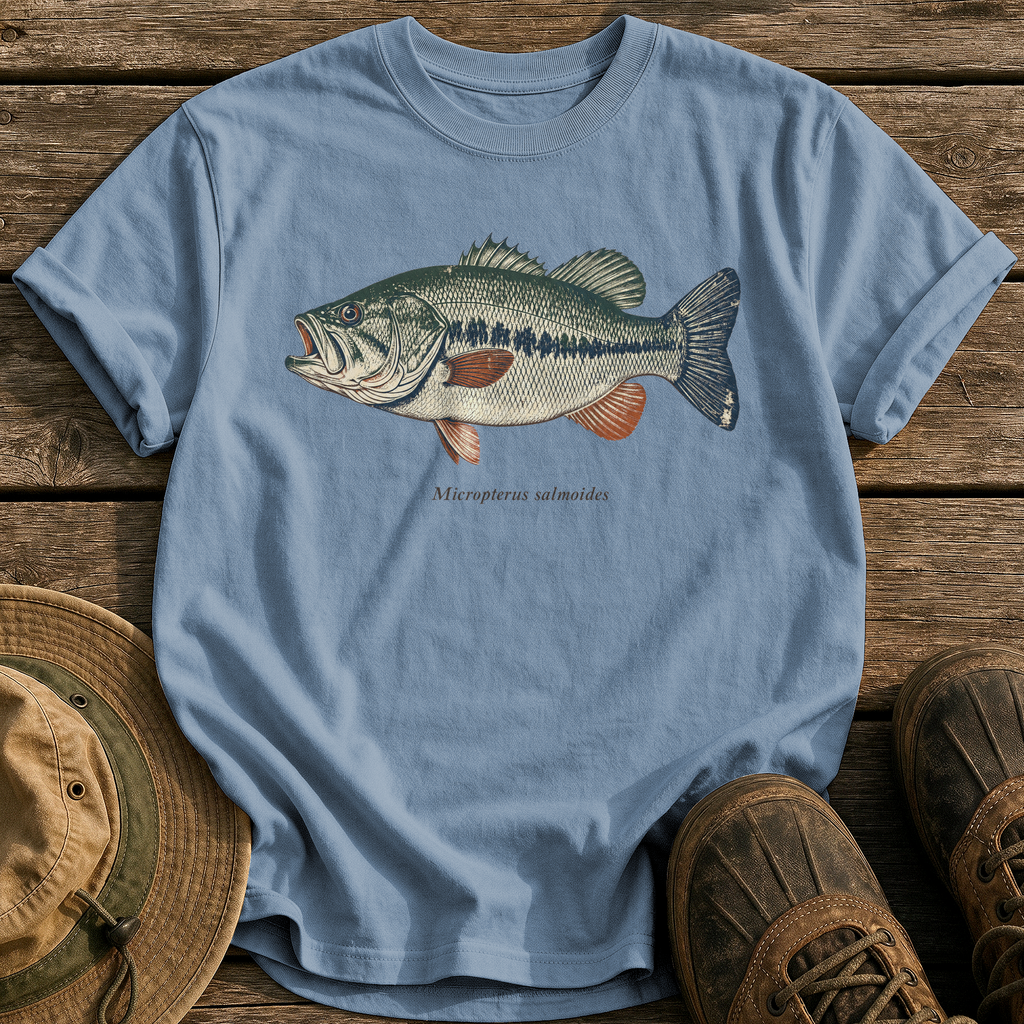 Micropterus Salmoides Largemouth tee - Blue Jean - front