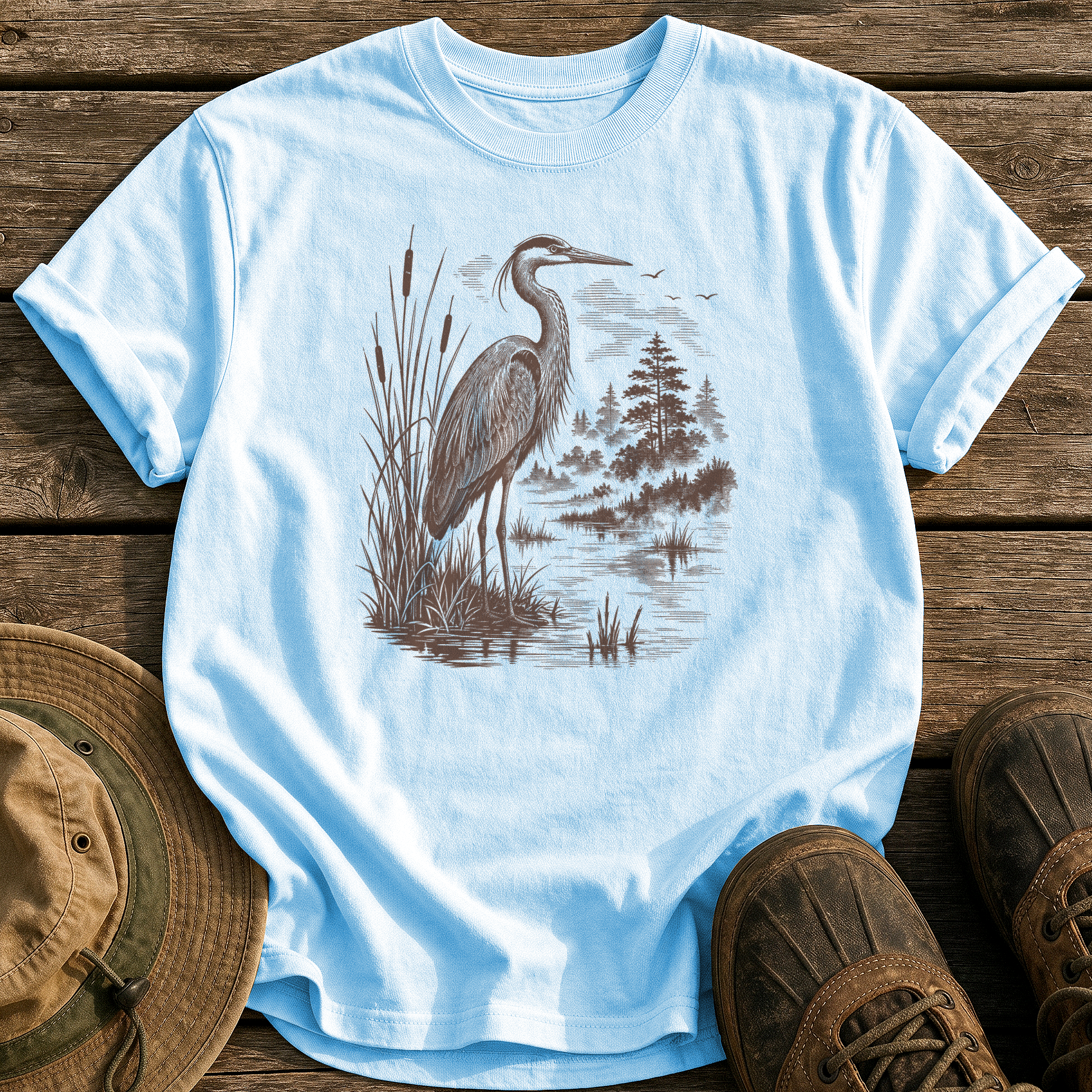 Heron at Dawn tee - Chambray - front
