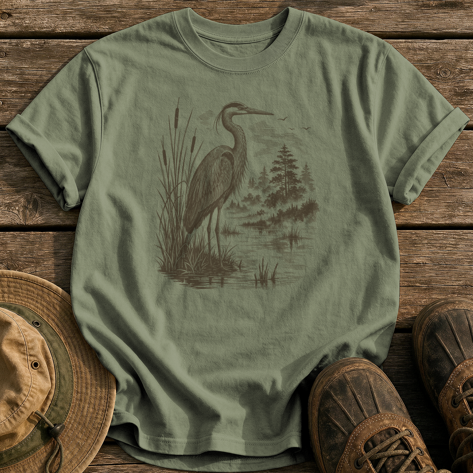 Heron at Dawn tee - Sage - front