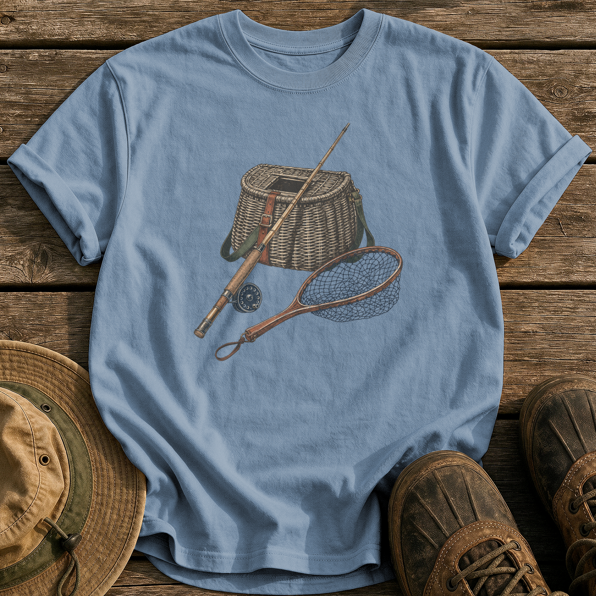 Classic Creel & Fly Rod tee - Blue Jean - front