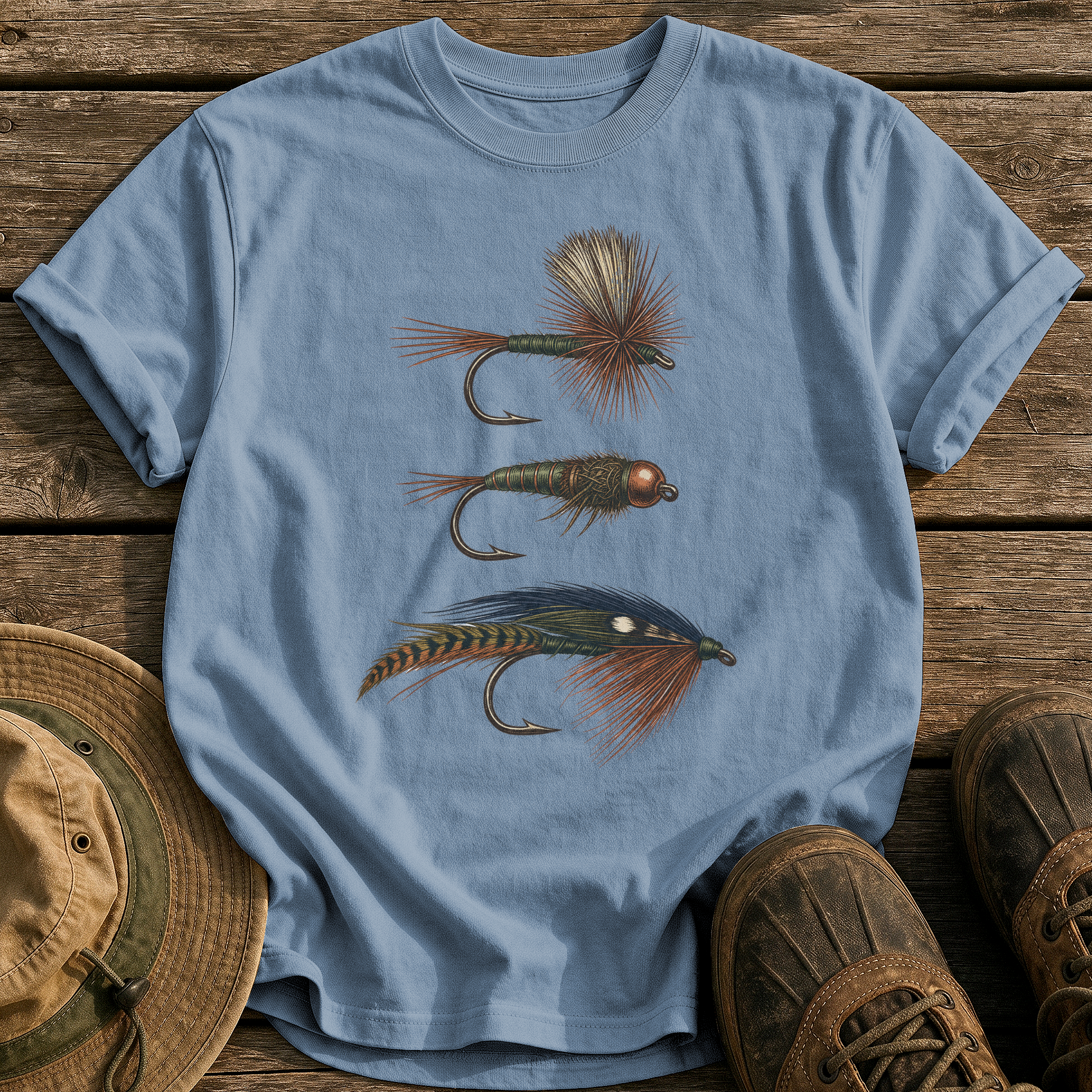 Hand-Tied Flies tee - Blue Jean - front