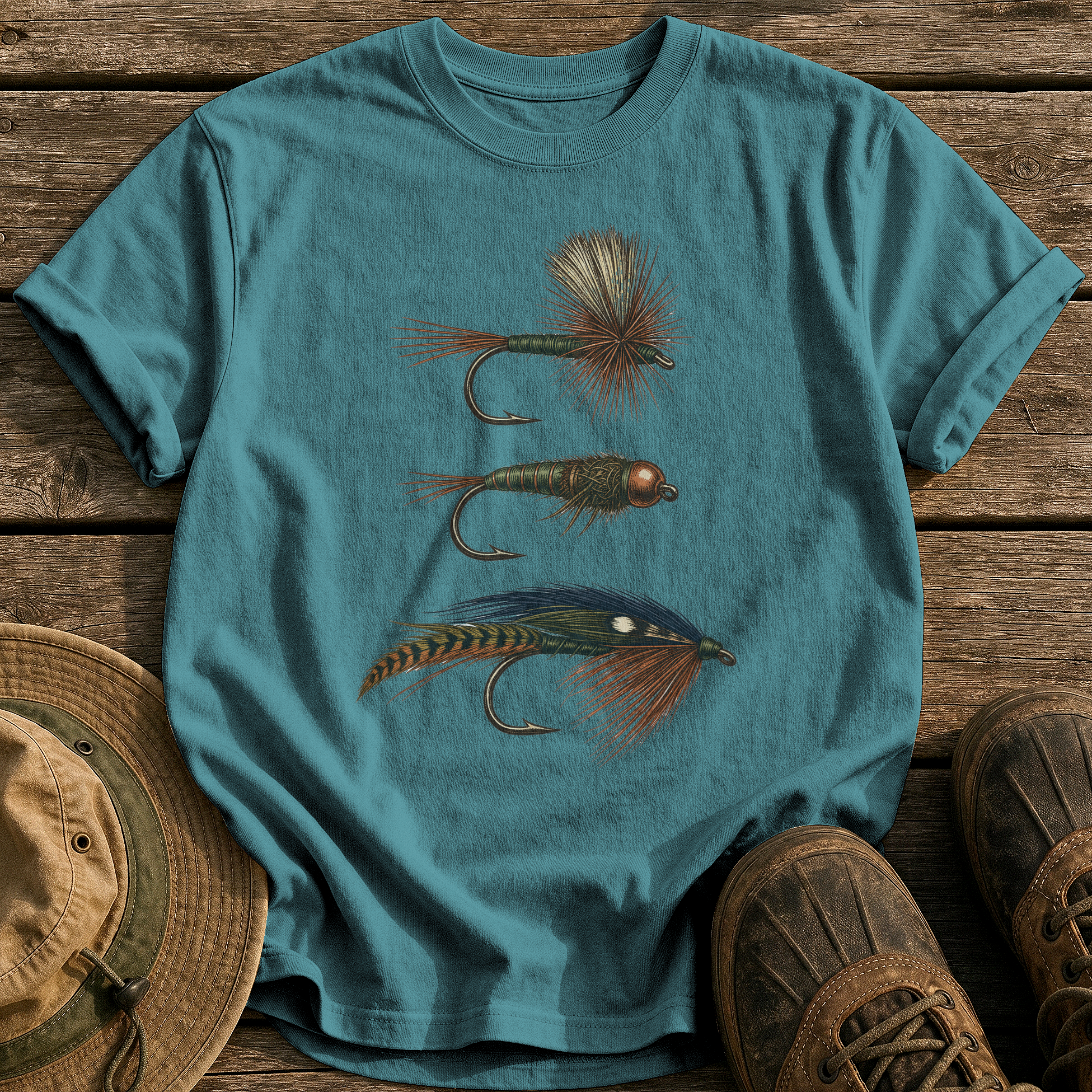 Hand-Tied Flies tee - Blue Spruce - front