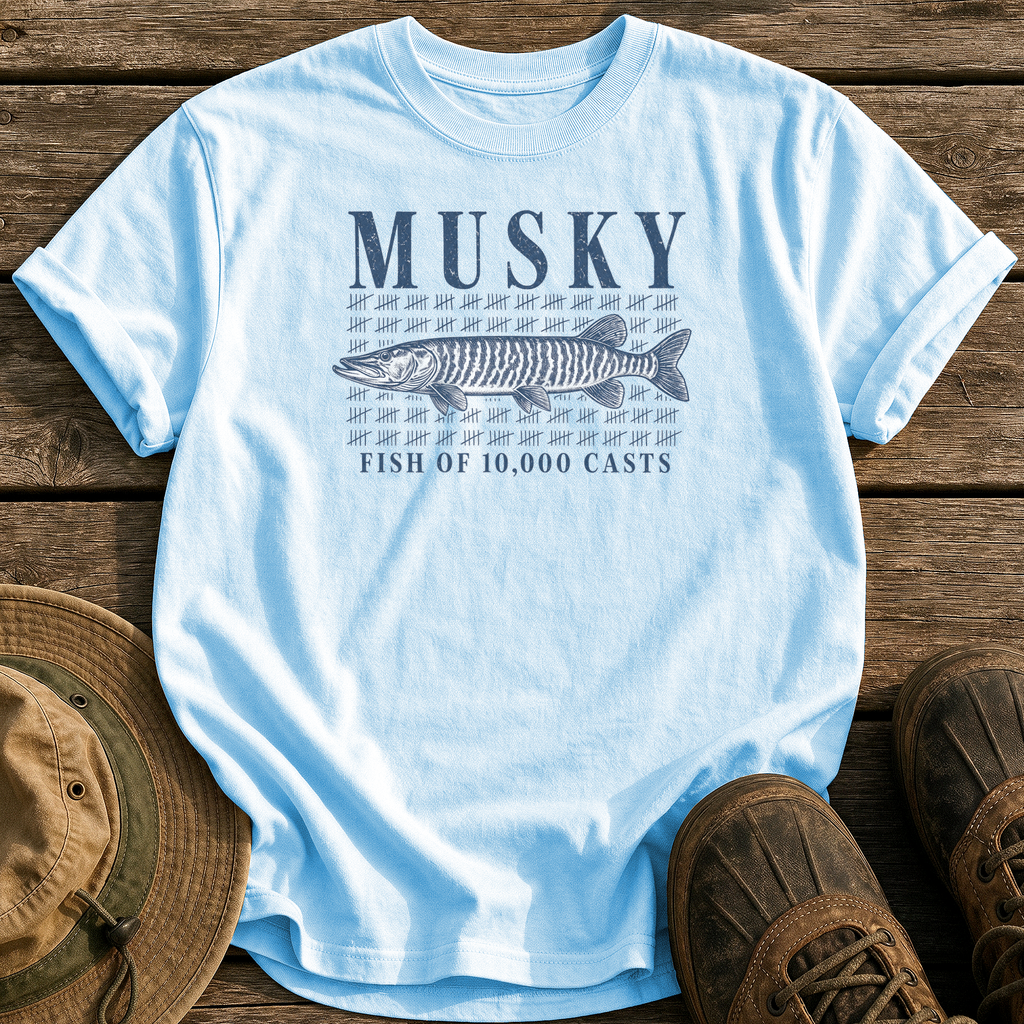 Musky: 10,000 Casts tee - Chambray - front
