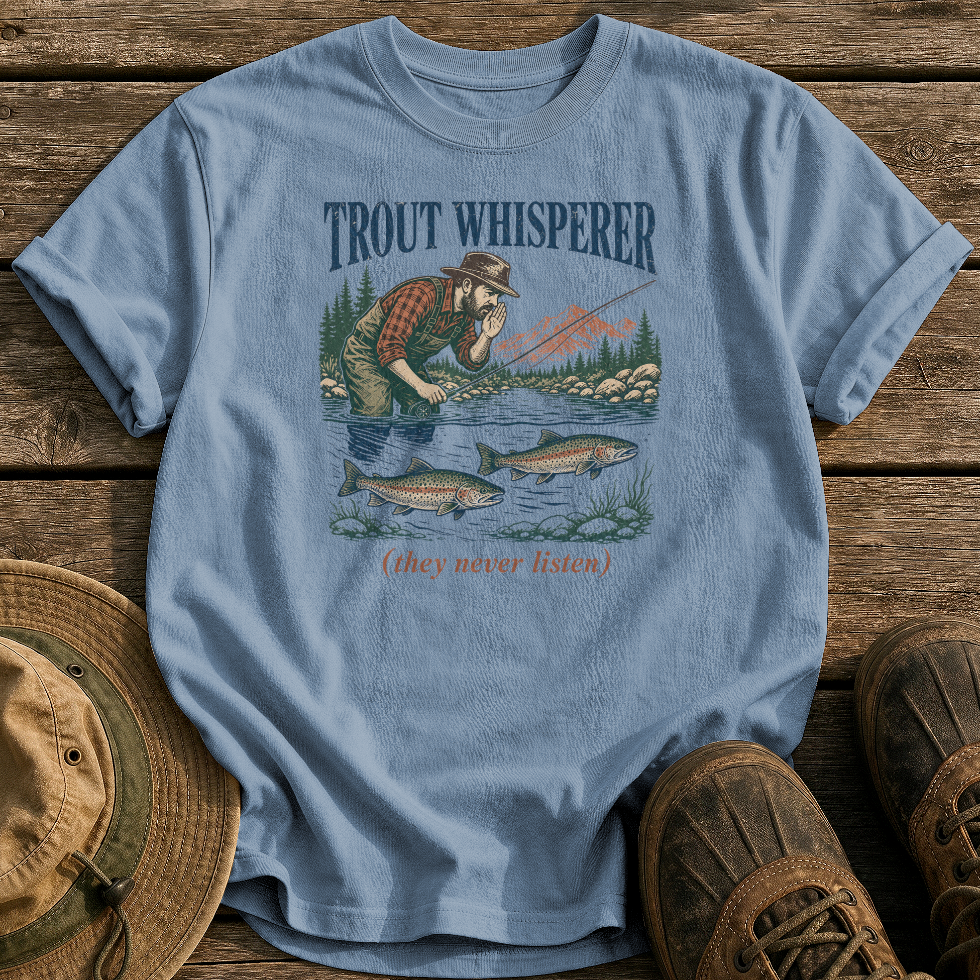 Trout Whisperer tee - Blue Jean - front