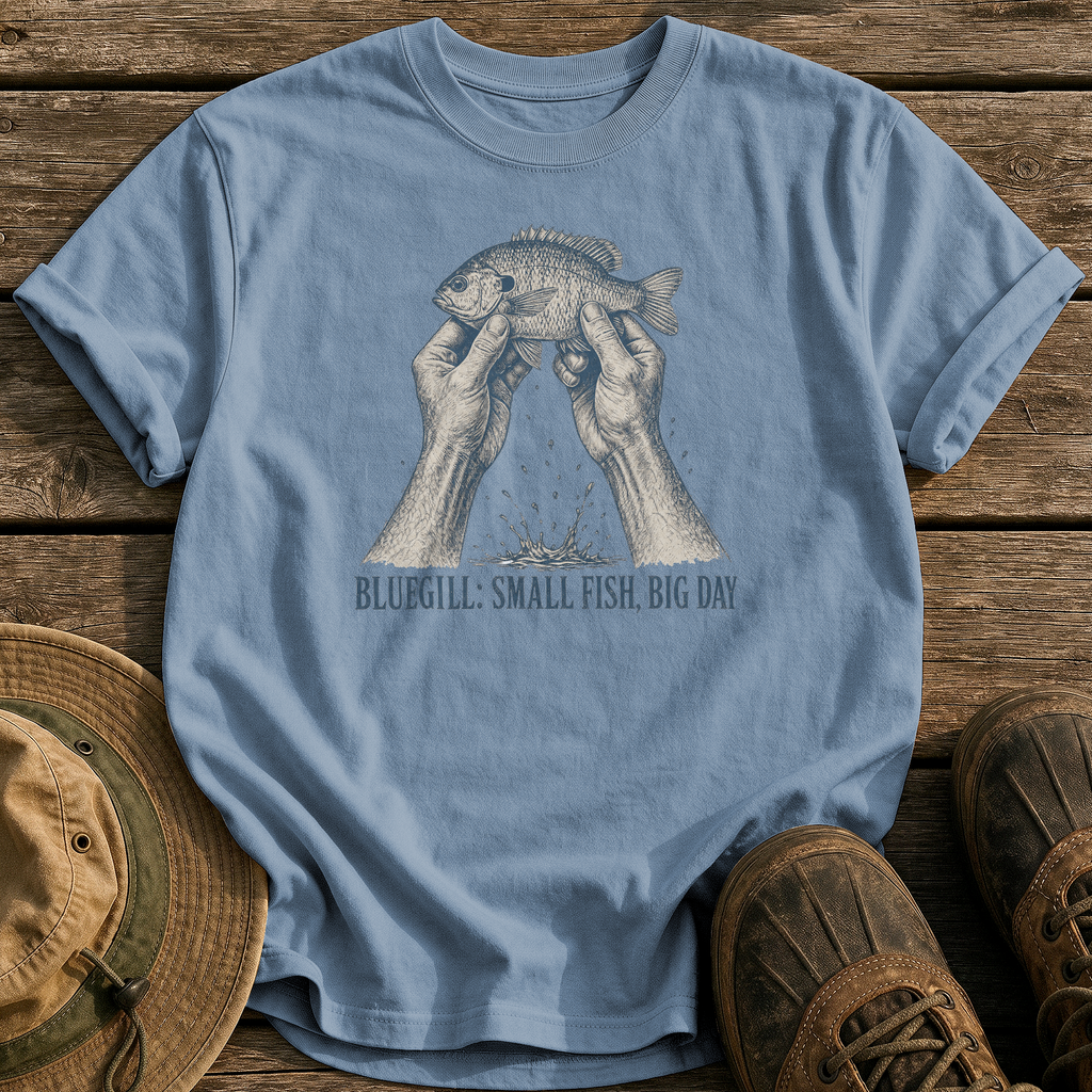Bluegill: Small Fish, Big Day tee - Blue Jean - front