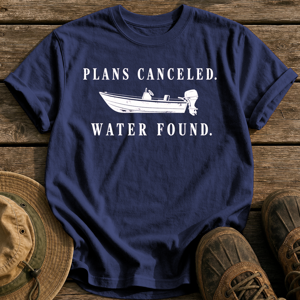 Plans Canceled. Water Found. tee - True Navy - front