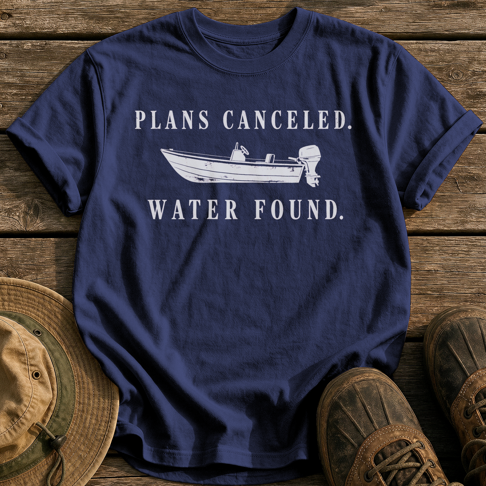 Plans Canceled. Water Found. tee - True Navy - front