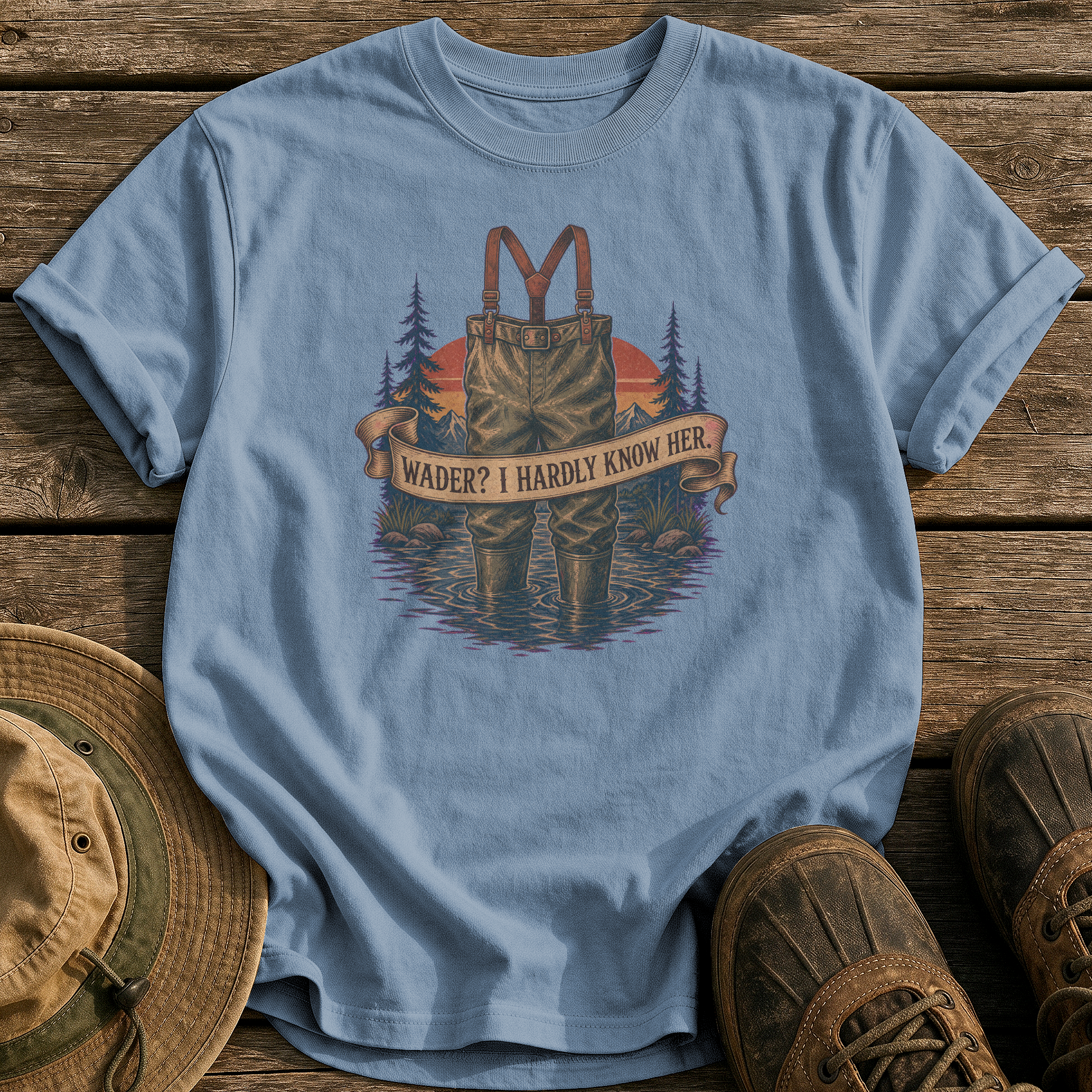 Wader? I Hardly Know Her tee - Blue Jean - front