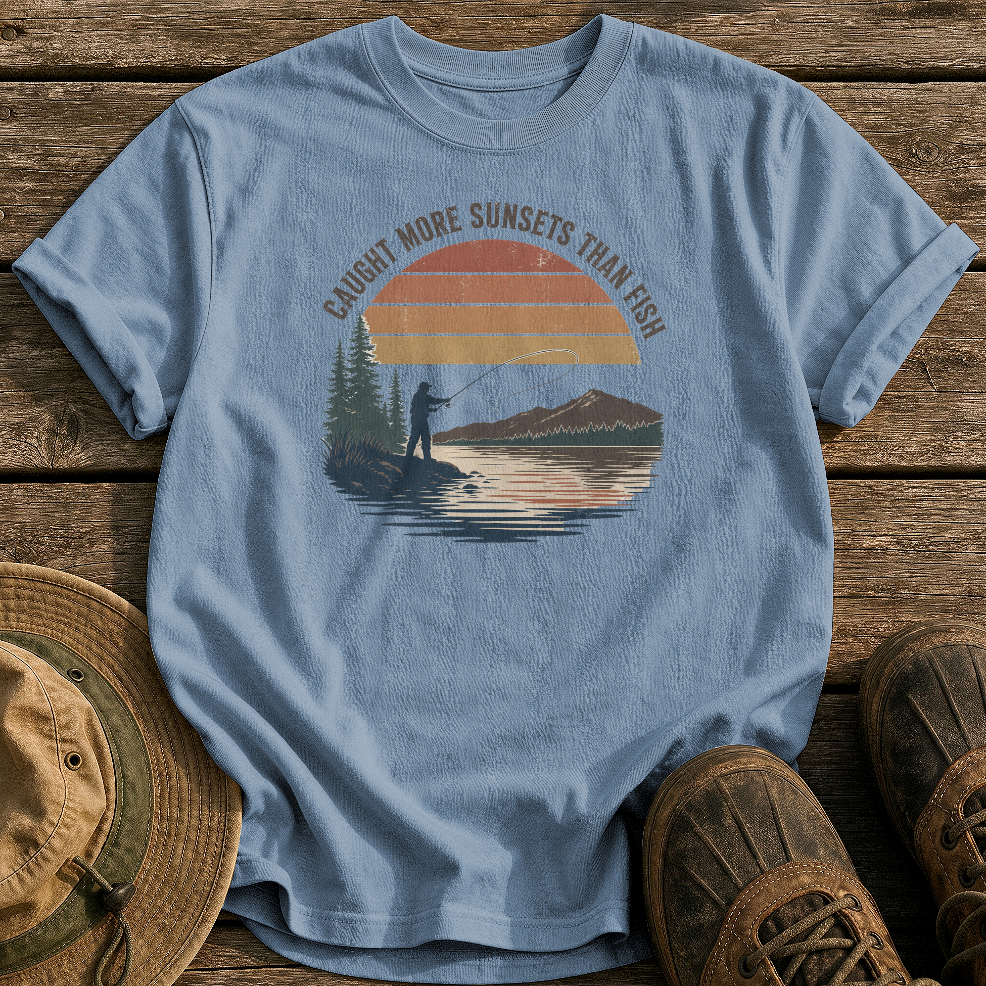 Caught More Sunsets Than Fish tee - Blue Jean - front