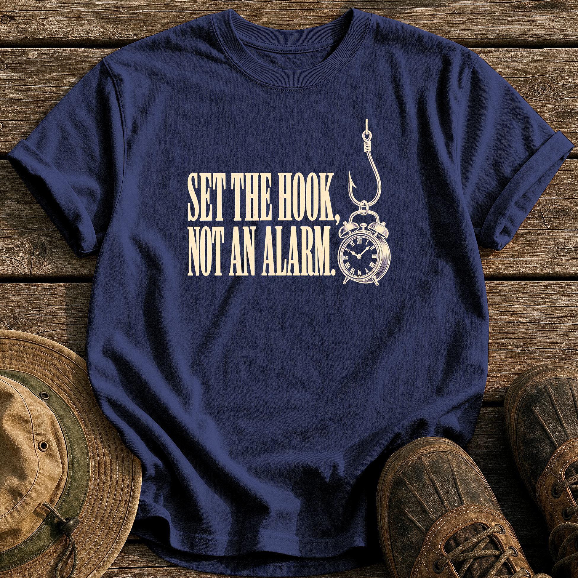 Set Hooks, Not Alarms tee - True Navy - front