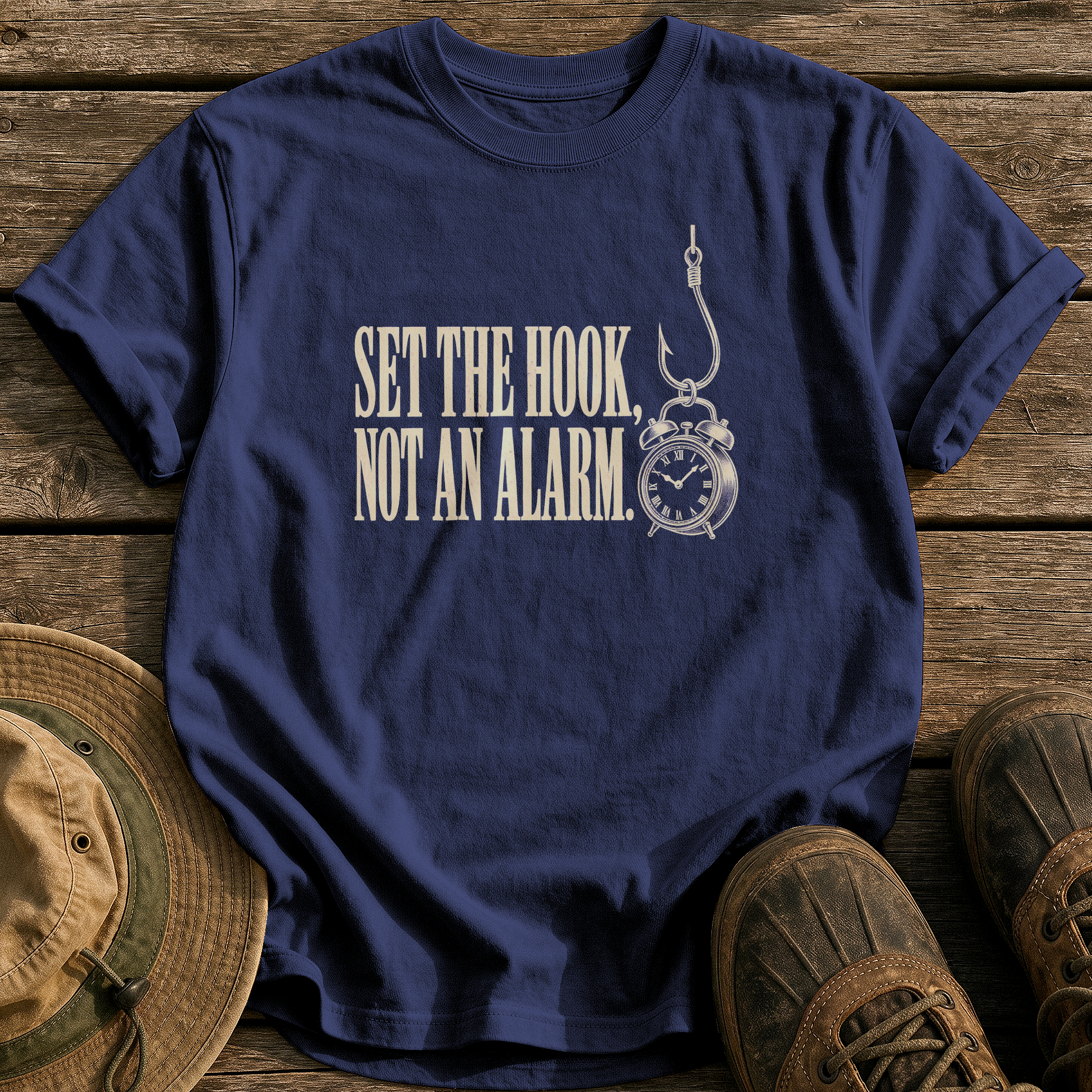 Set Hooks, Not Alarms tee - True Navy - front