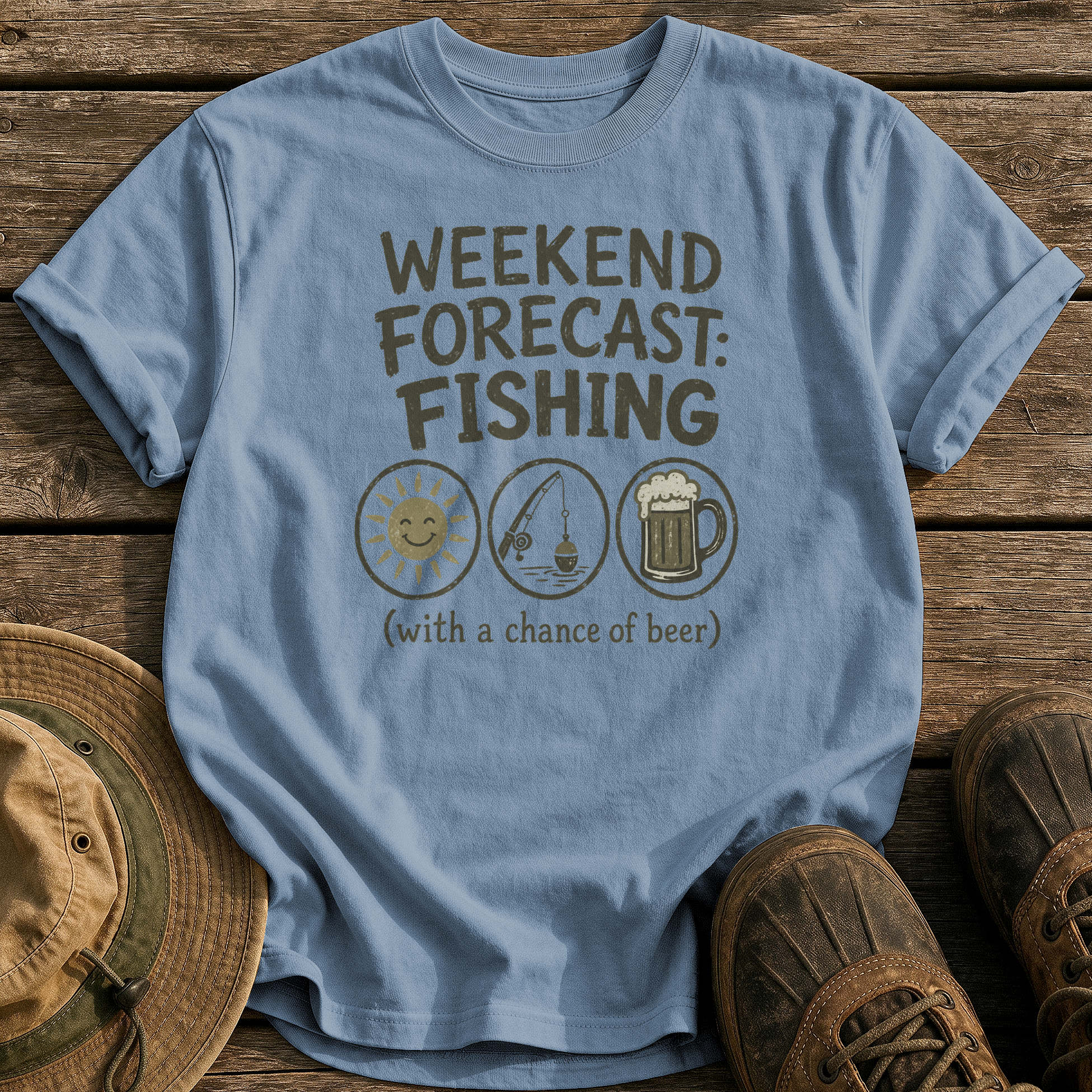 Weekend Forecast: Fishing & Beer tee - Blue Jean - front