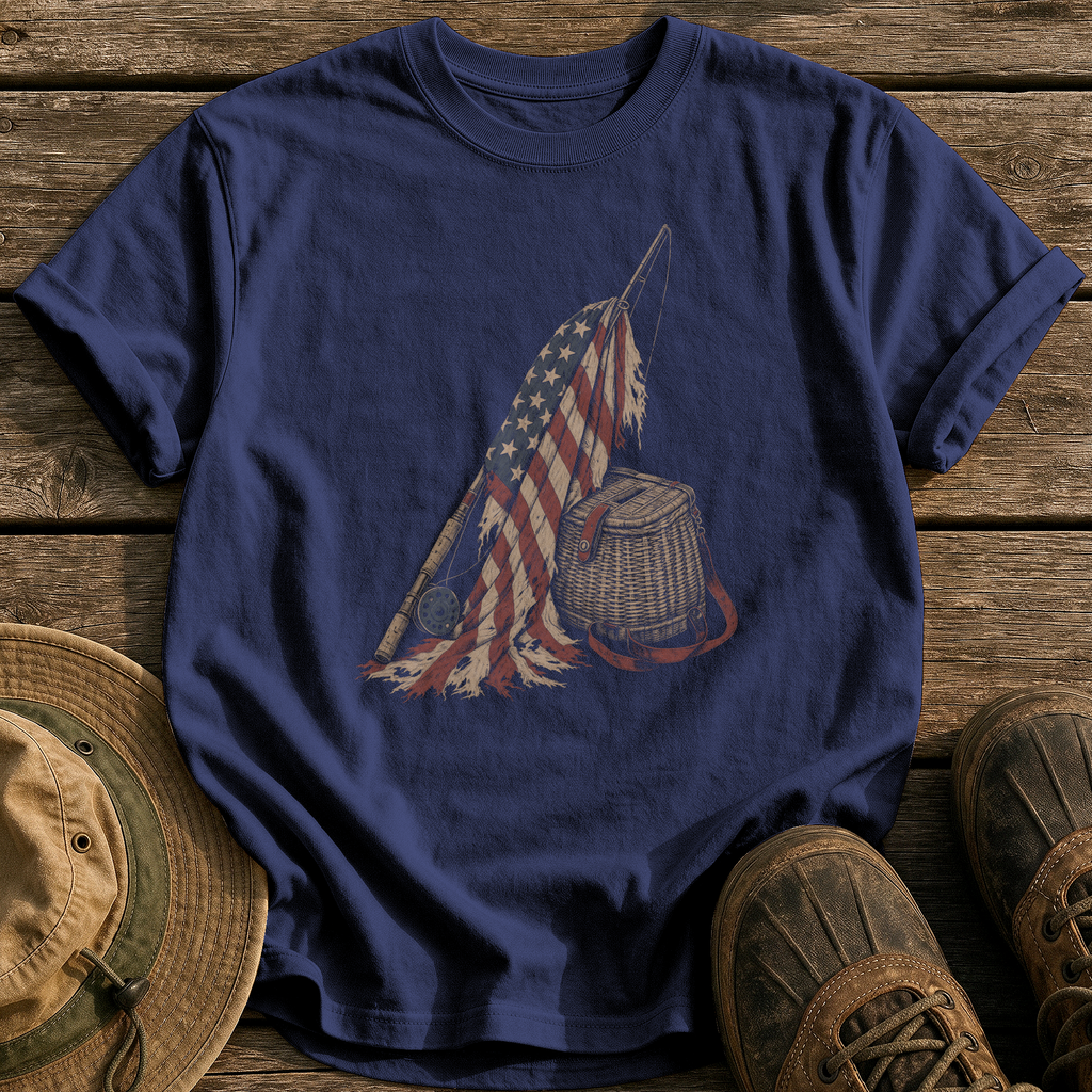 Worn Flag, Well-Worn Rod tee - True Navy - front
