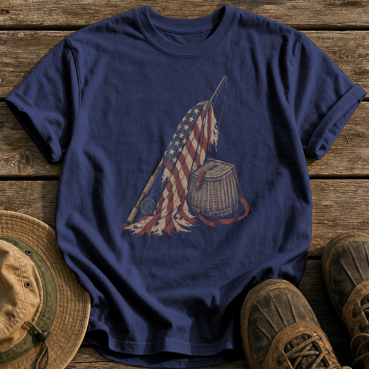 Worn Flag, Well-Worn Rod tee - True Navy - front