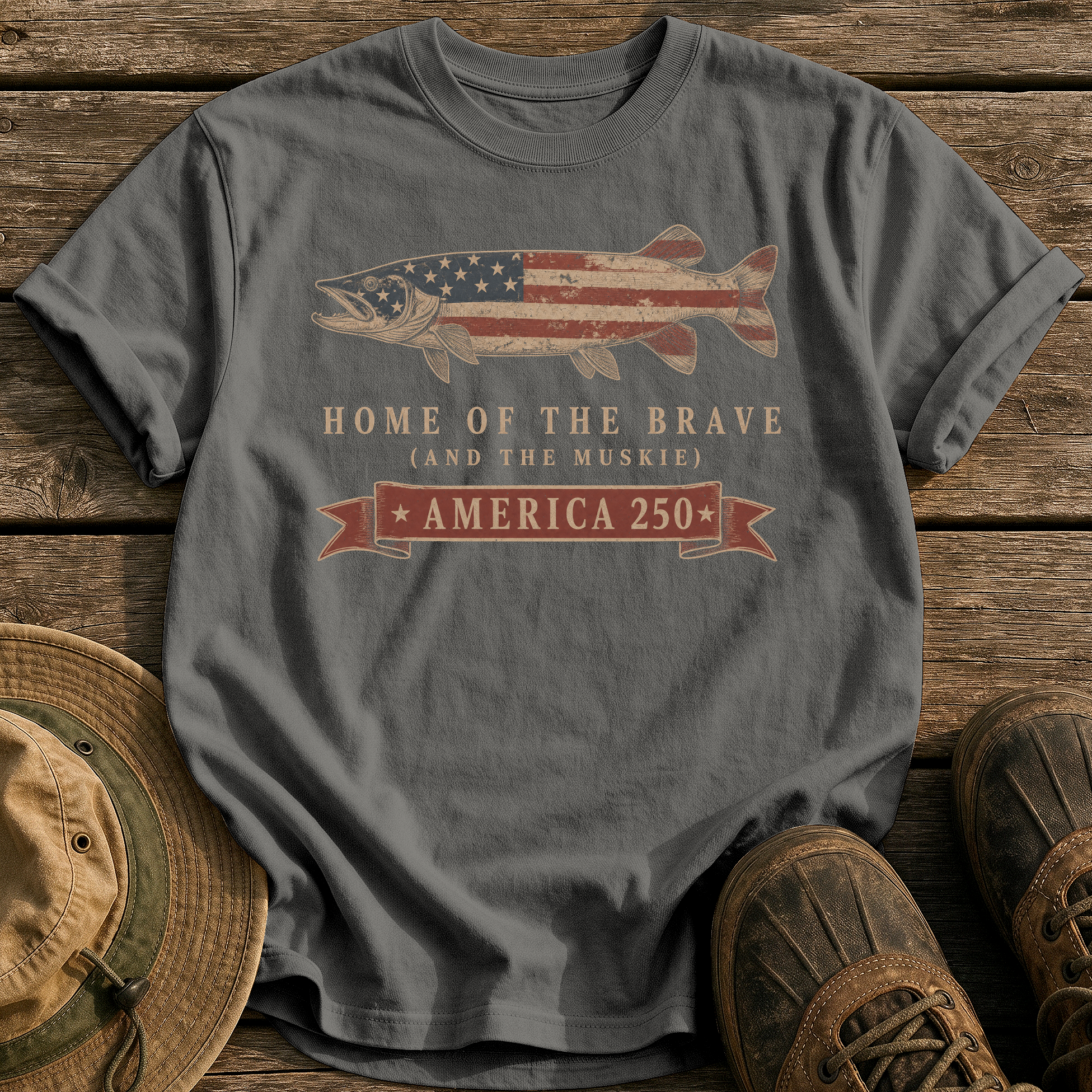 Home of the Brave Muskie tee - Pepper - front