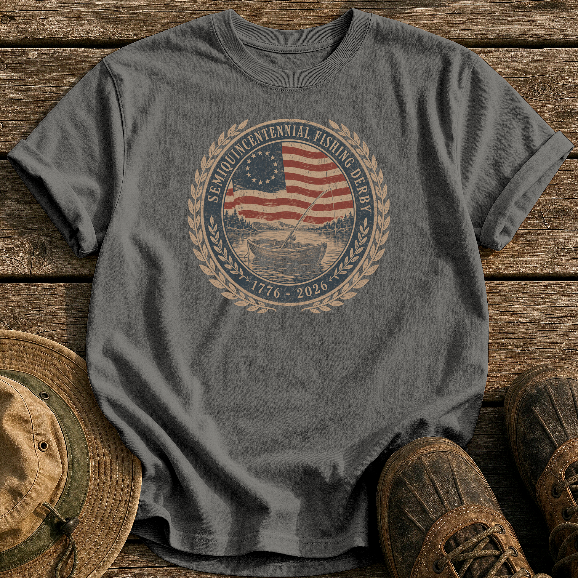 Semiquincentennial Fishing Derby tee - Pepper - front