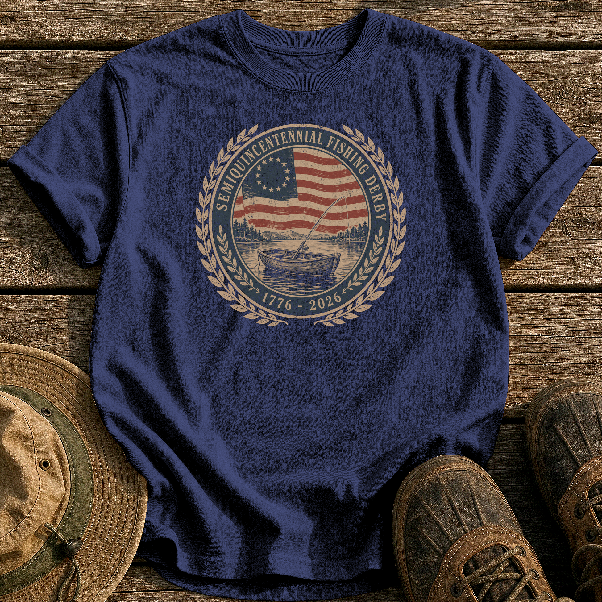 Semiquincentennial Fishing Derby tee - True Navy - front