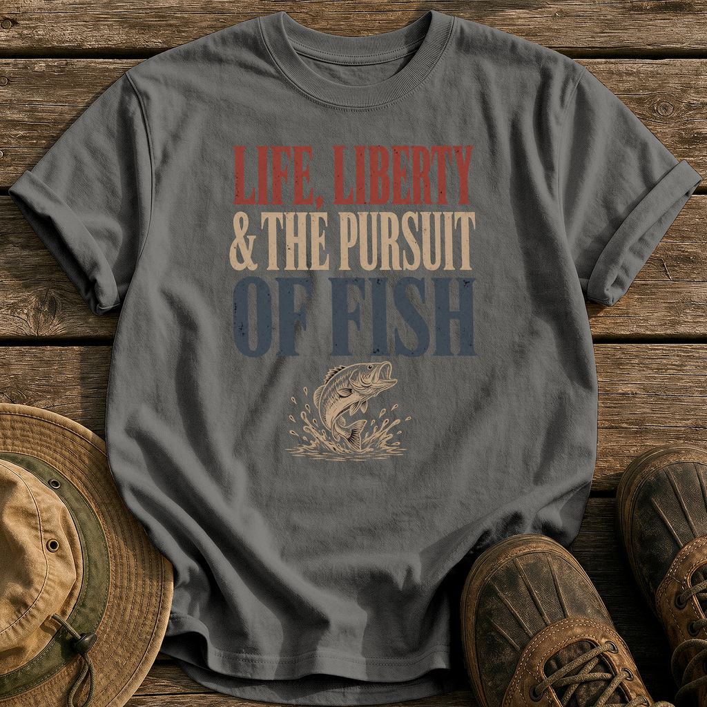 Life, Liberty, Pursuit of Fish tee - Pepper - front