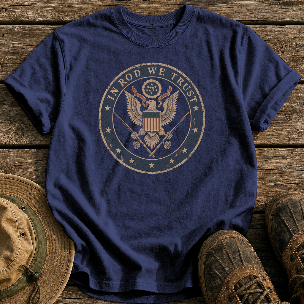 In Rod We Trust tee - True Navy - front