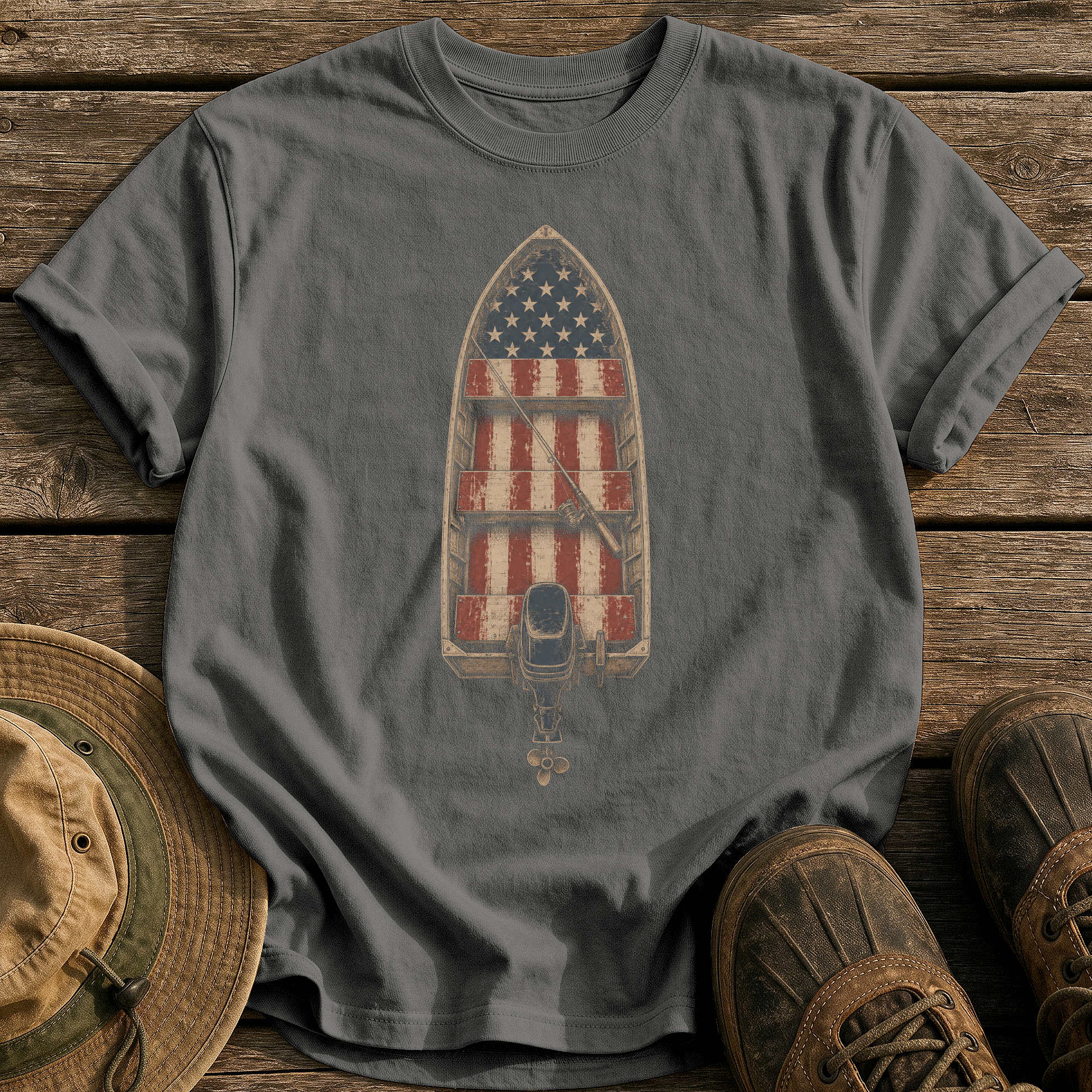Worn-Flag Jon Boat tee - Pepper - front