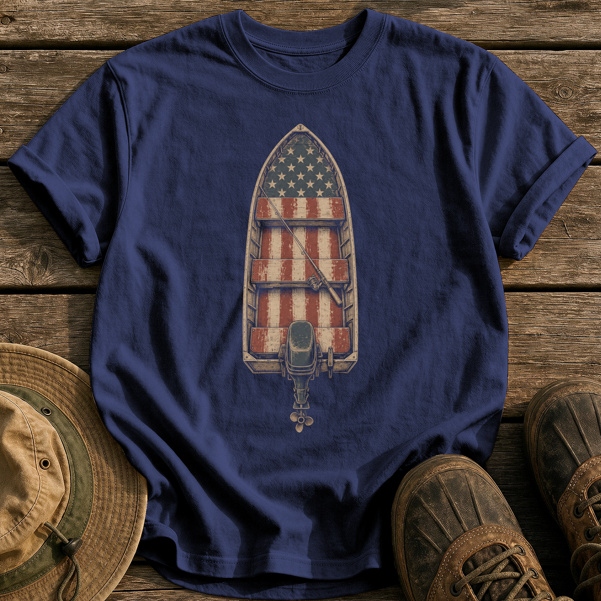 Worn-Flag Jon Boat tee - True Navy - front