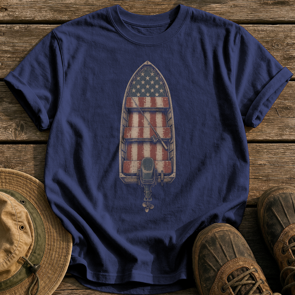 Worn-Flag Jon Boat tee - True Navy - front