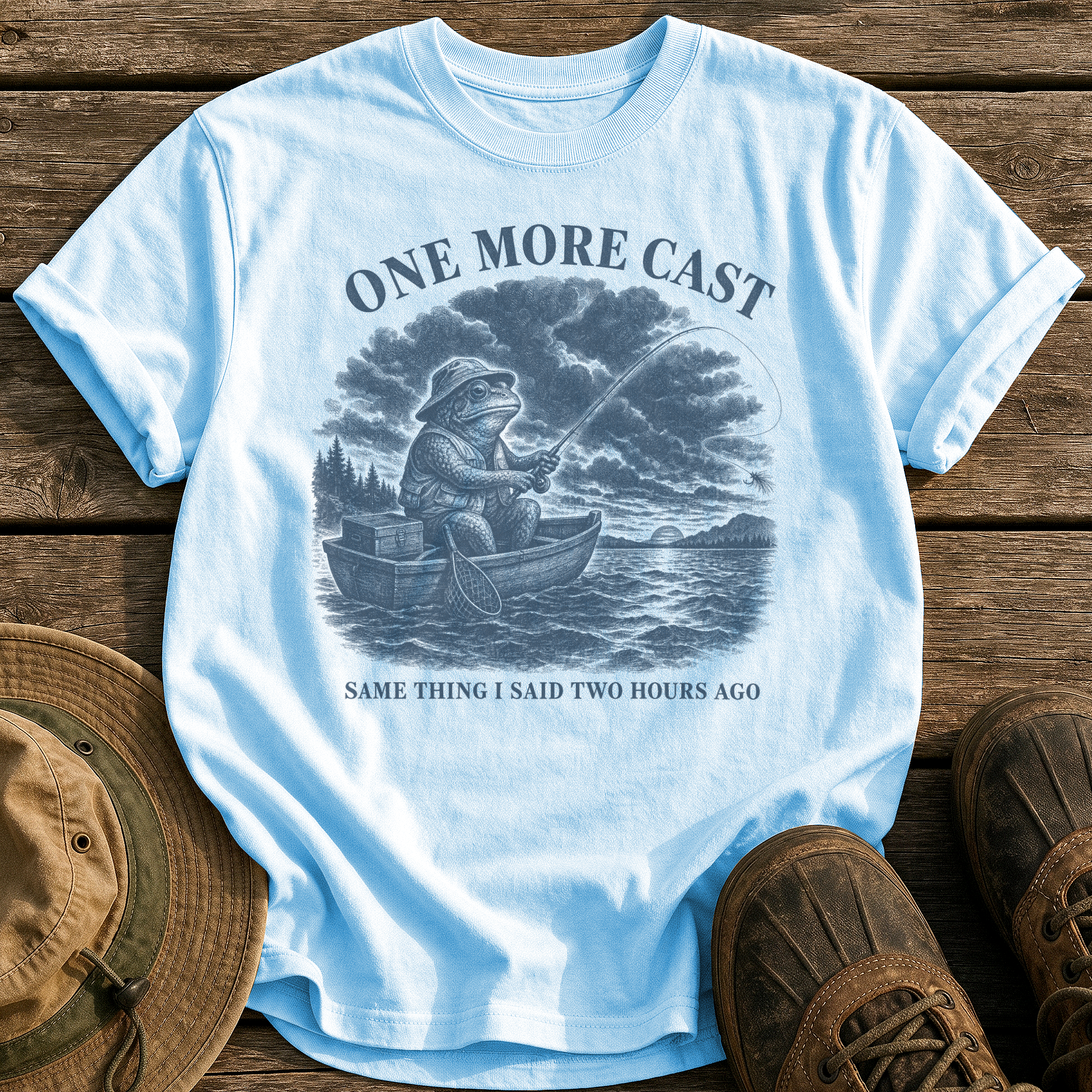 One More Cast tee - Chambray - front