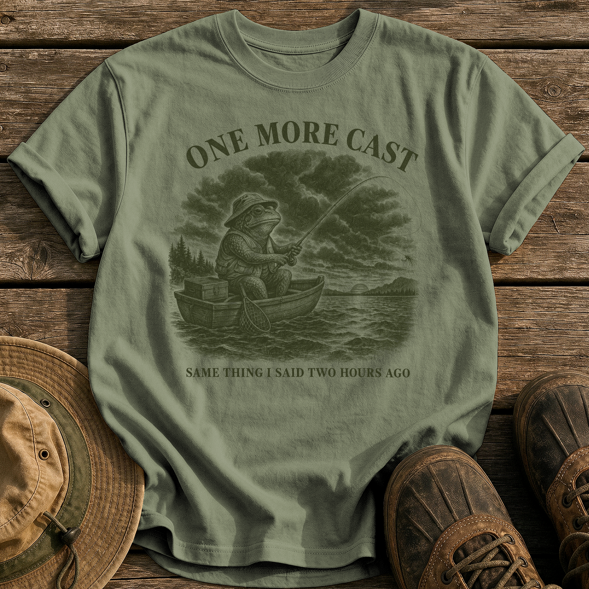 One More Cast tee - Sage - front