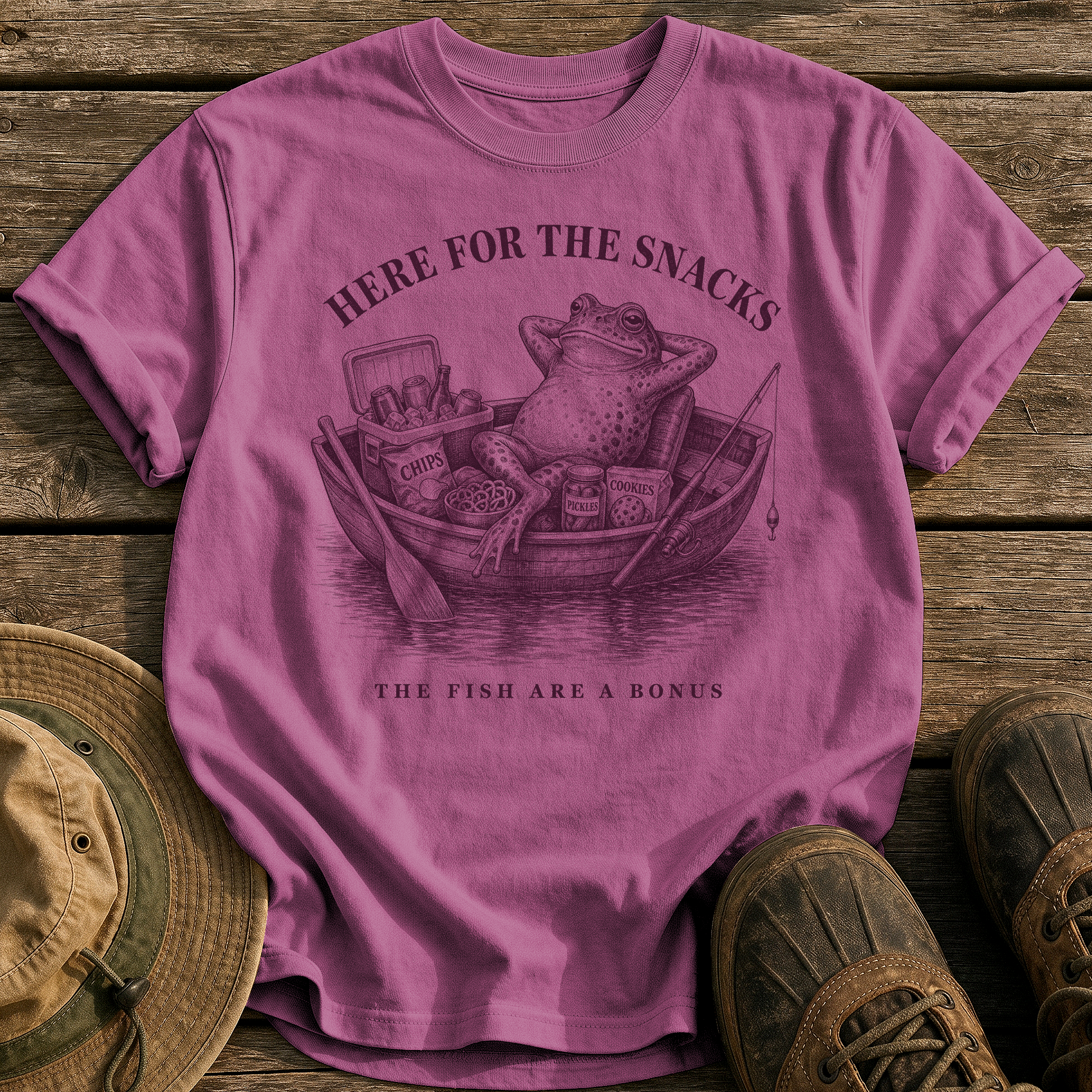 Here for the Snacks tee - Berry - front