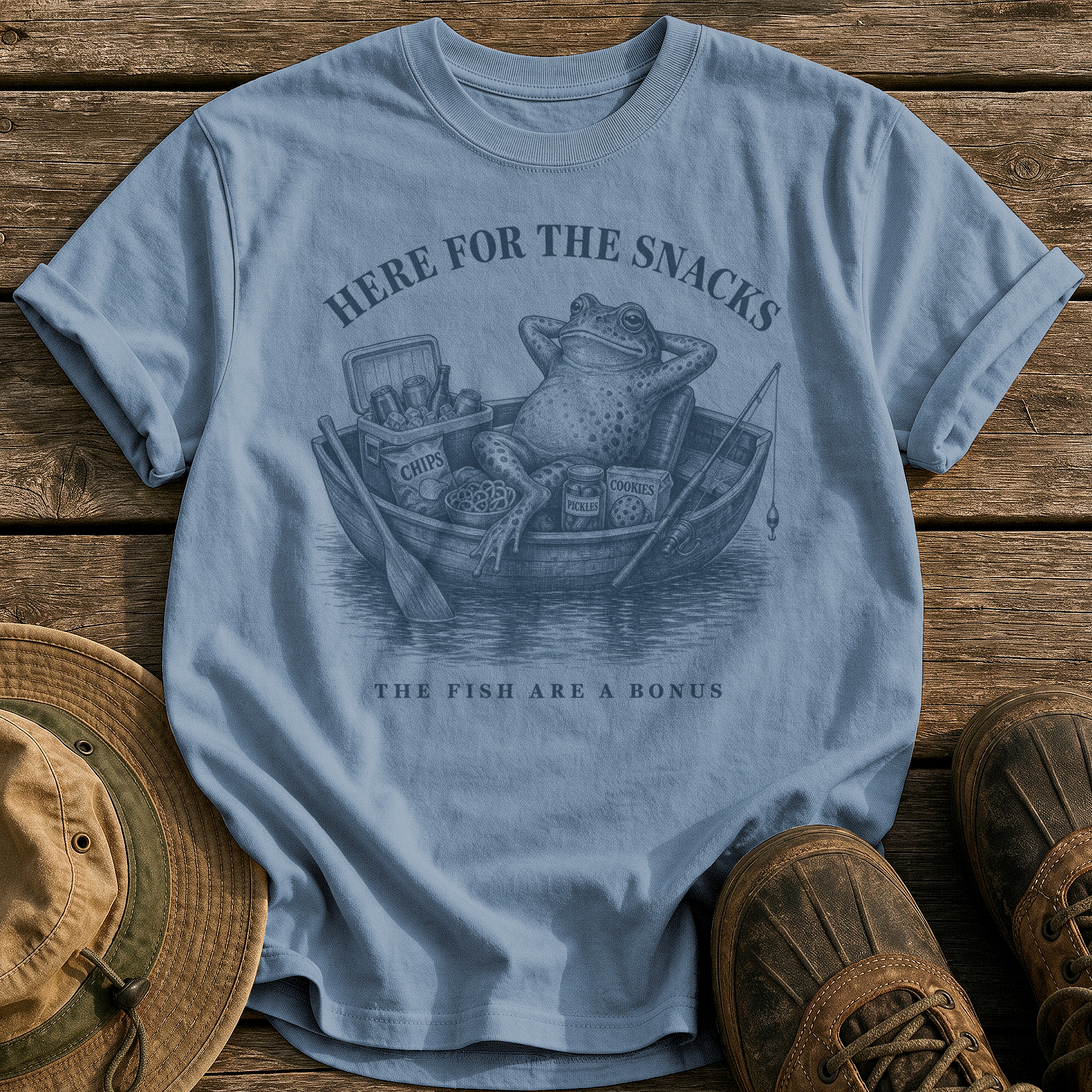 Here for the Snacks tee - Blue Jean - front