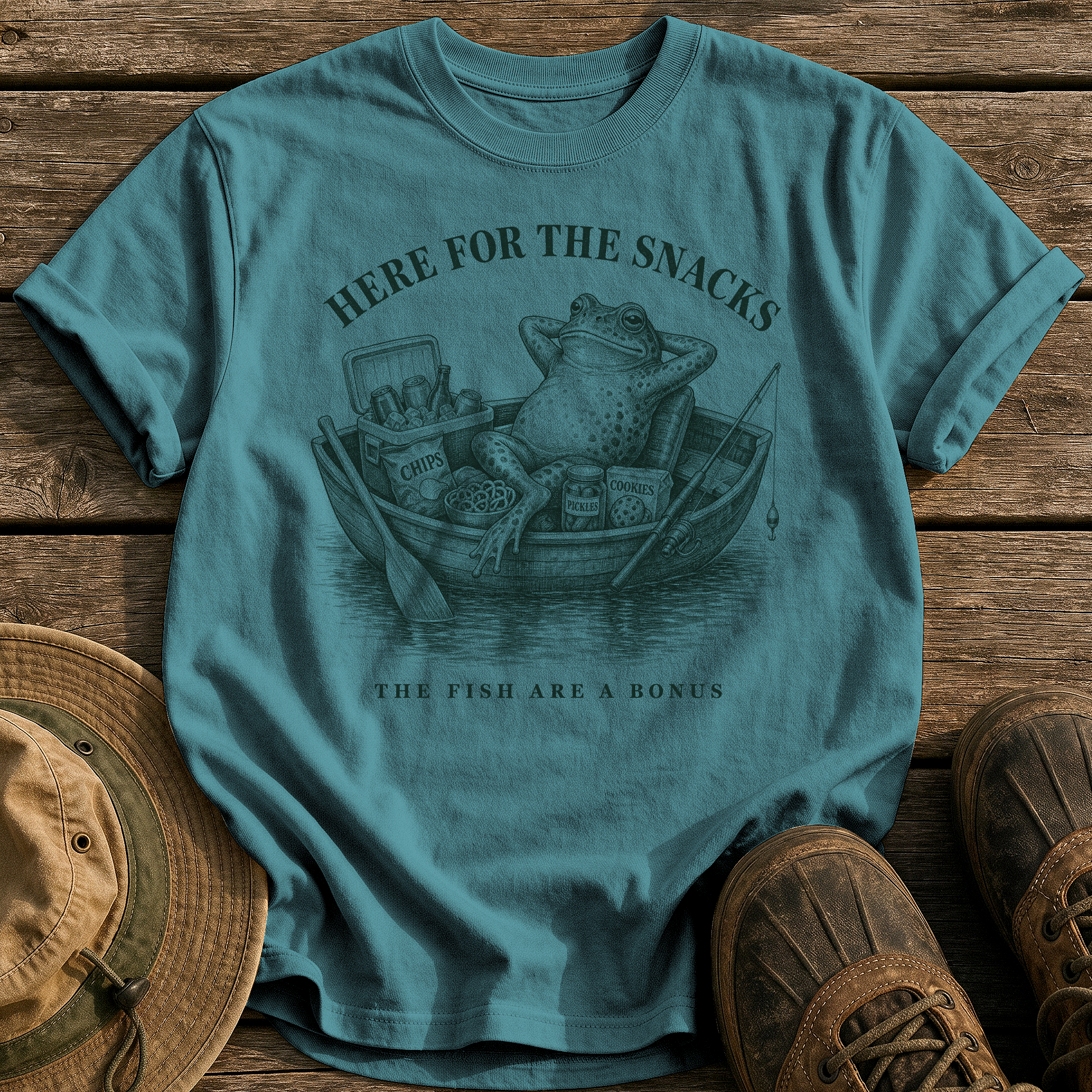 Here for the Snacks tee - Blue Spruce - front
