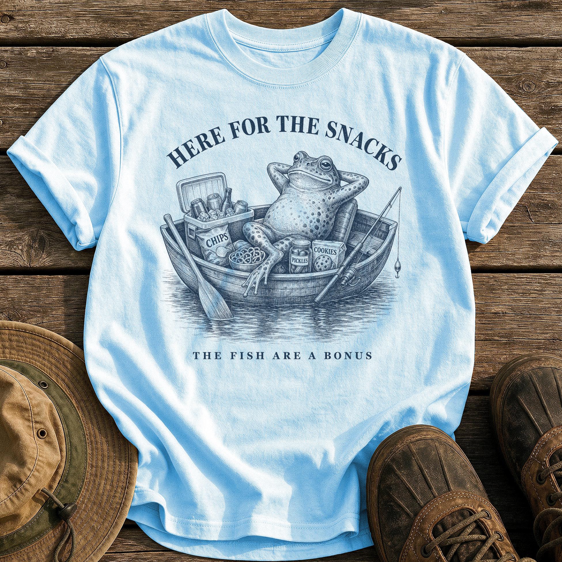 Here for the Snacks tee - Chambray - front