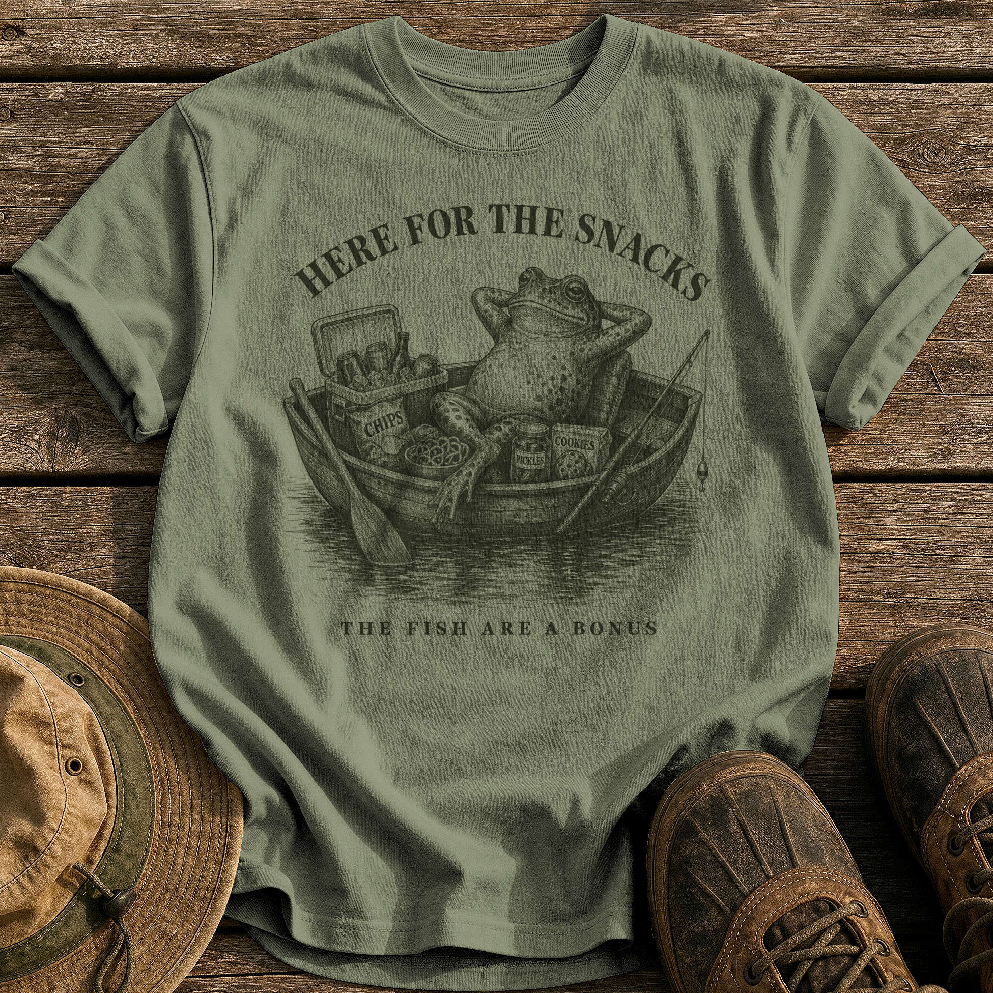 Here for the Snacks tee - Sage - front