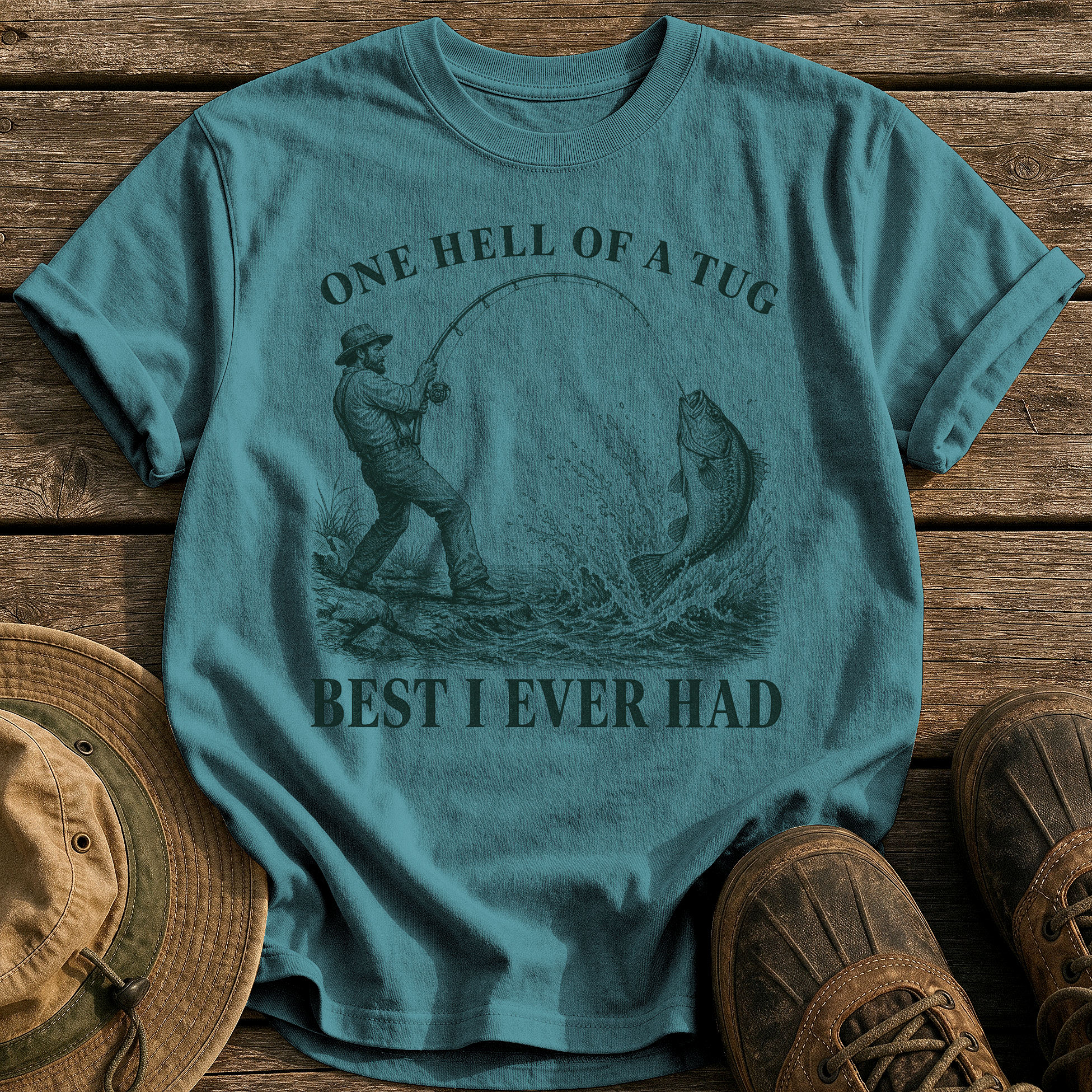 One Hell of a Tug tee - Blue Spruce - front