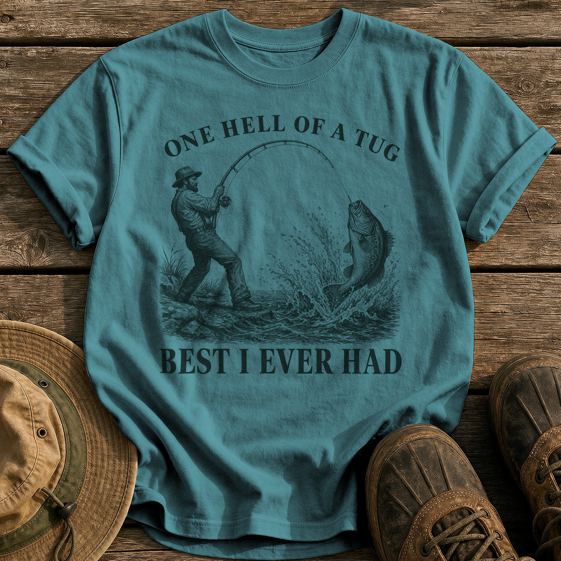 One Hell of a Tug tee - Blue Spruce - front