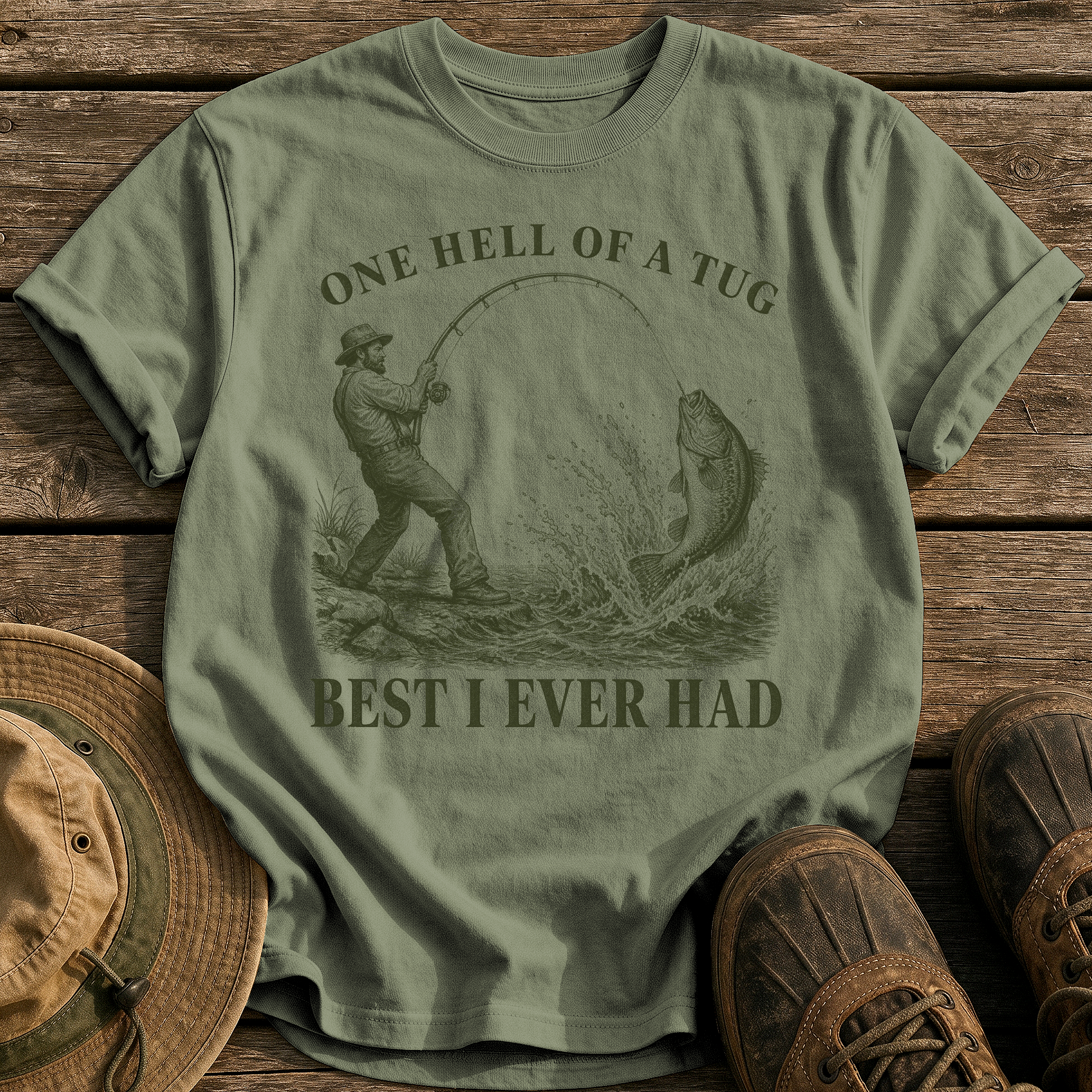 One Hell of a Tug tee - Sage - front