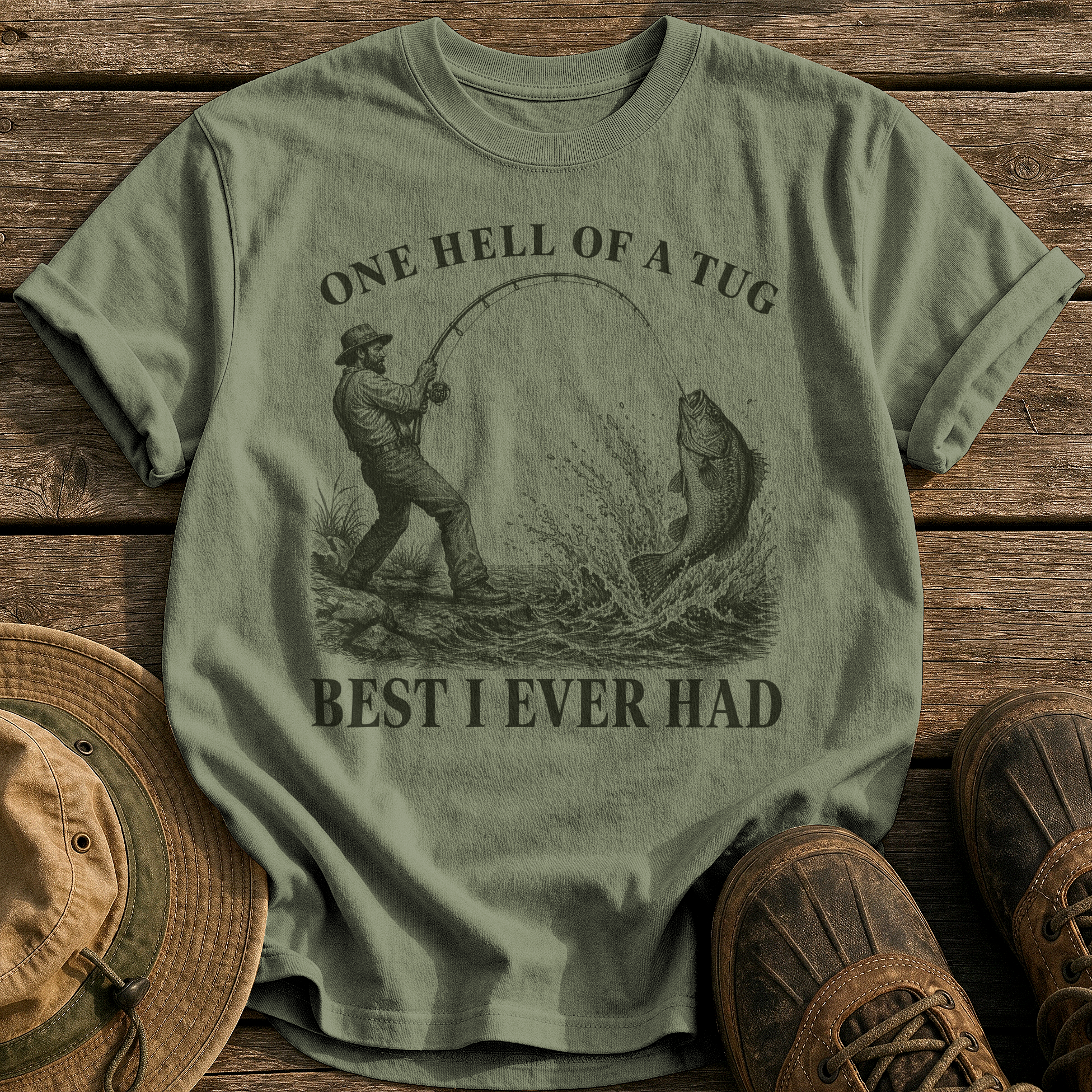 One Hell of a Tug tee - Sage - front