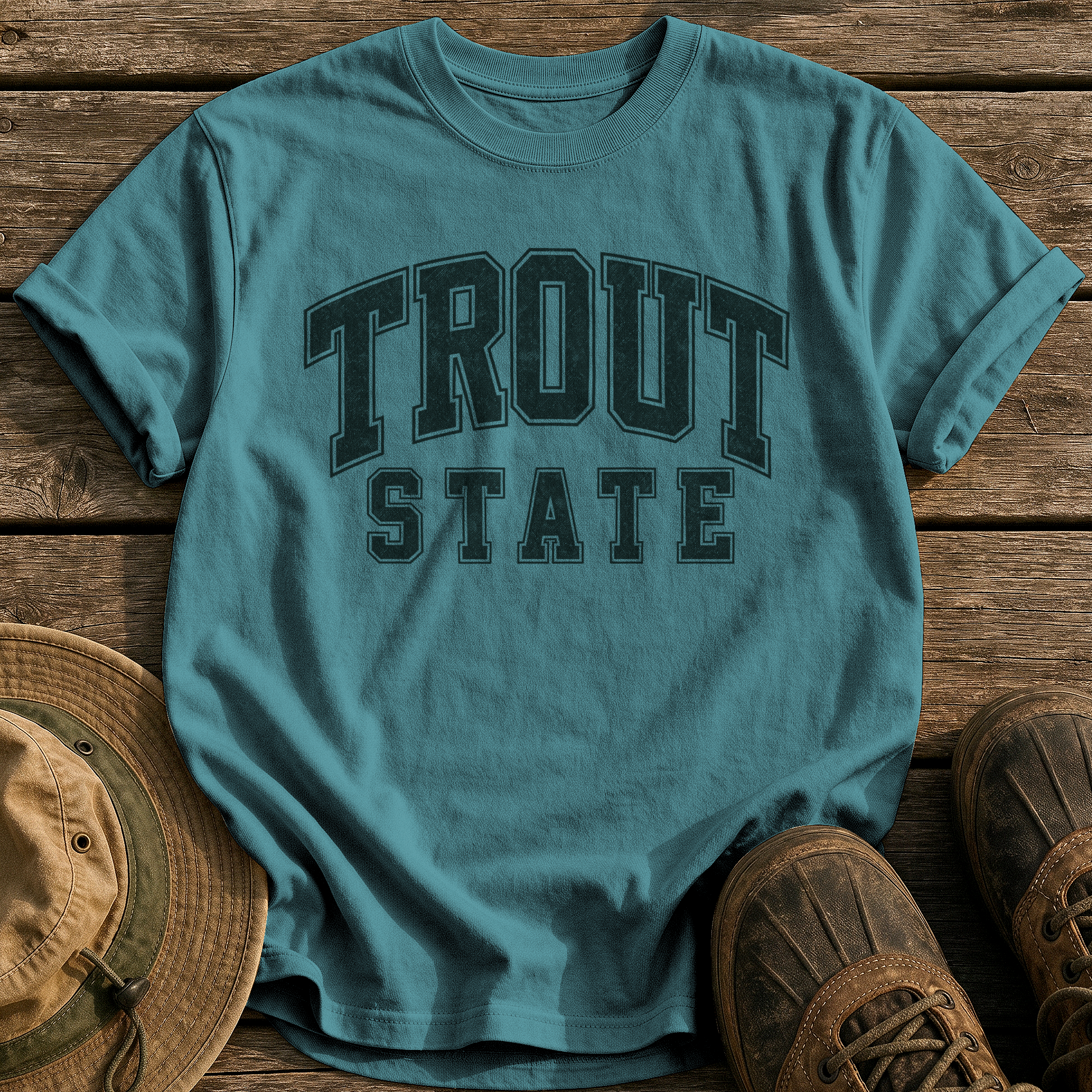 Trout State tee - Blue Spruce - front