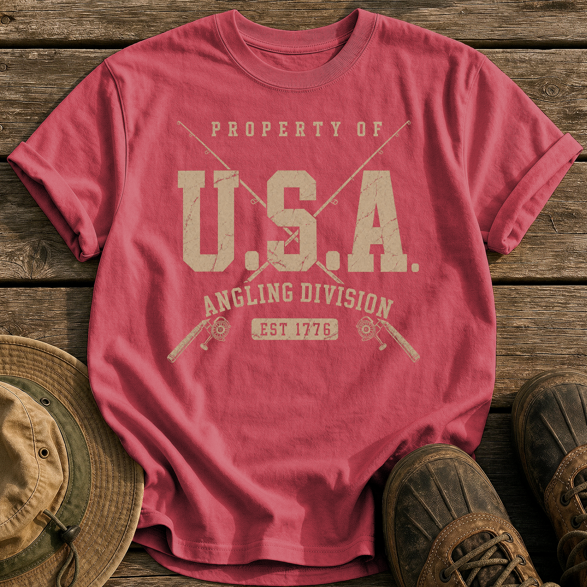 Property of Usa Angling tee - Chili - front