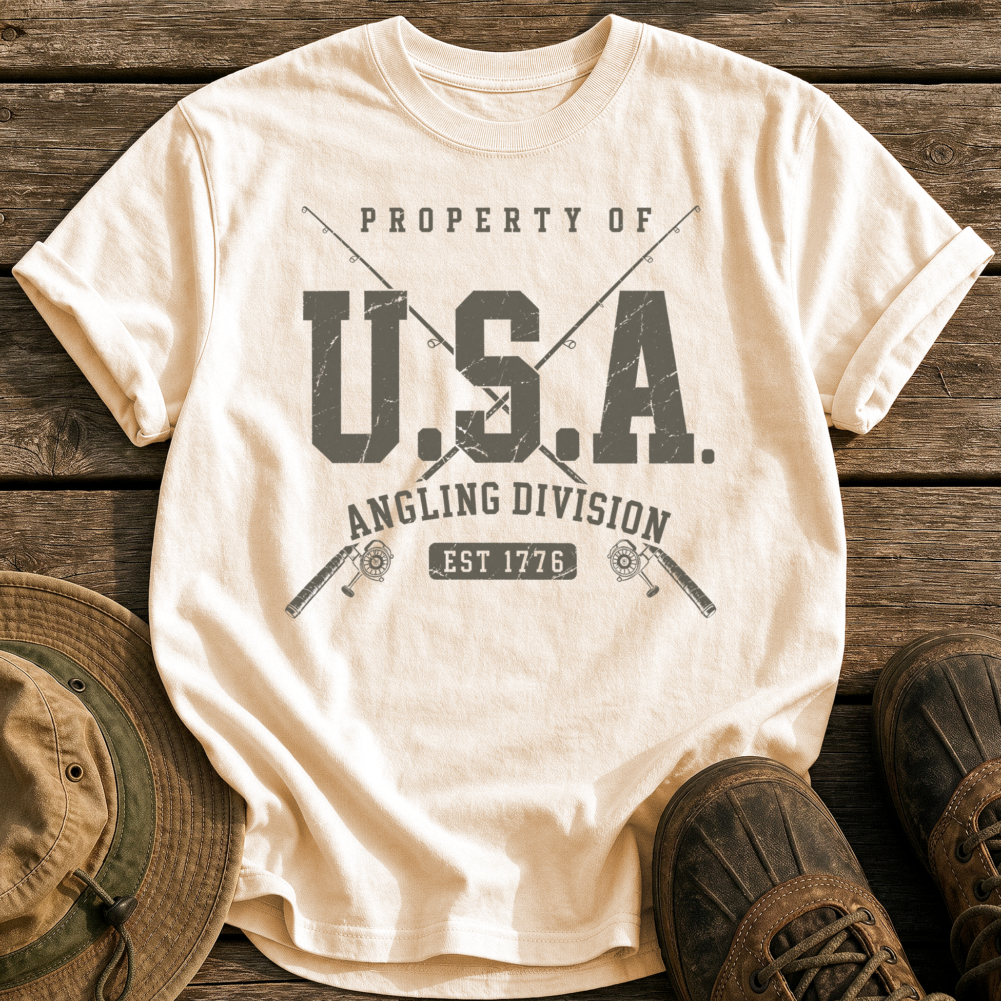 Property of Usa Angling tee - Ivory - front