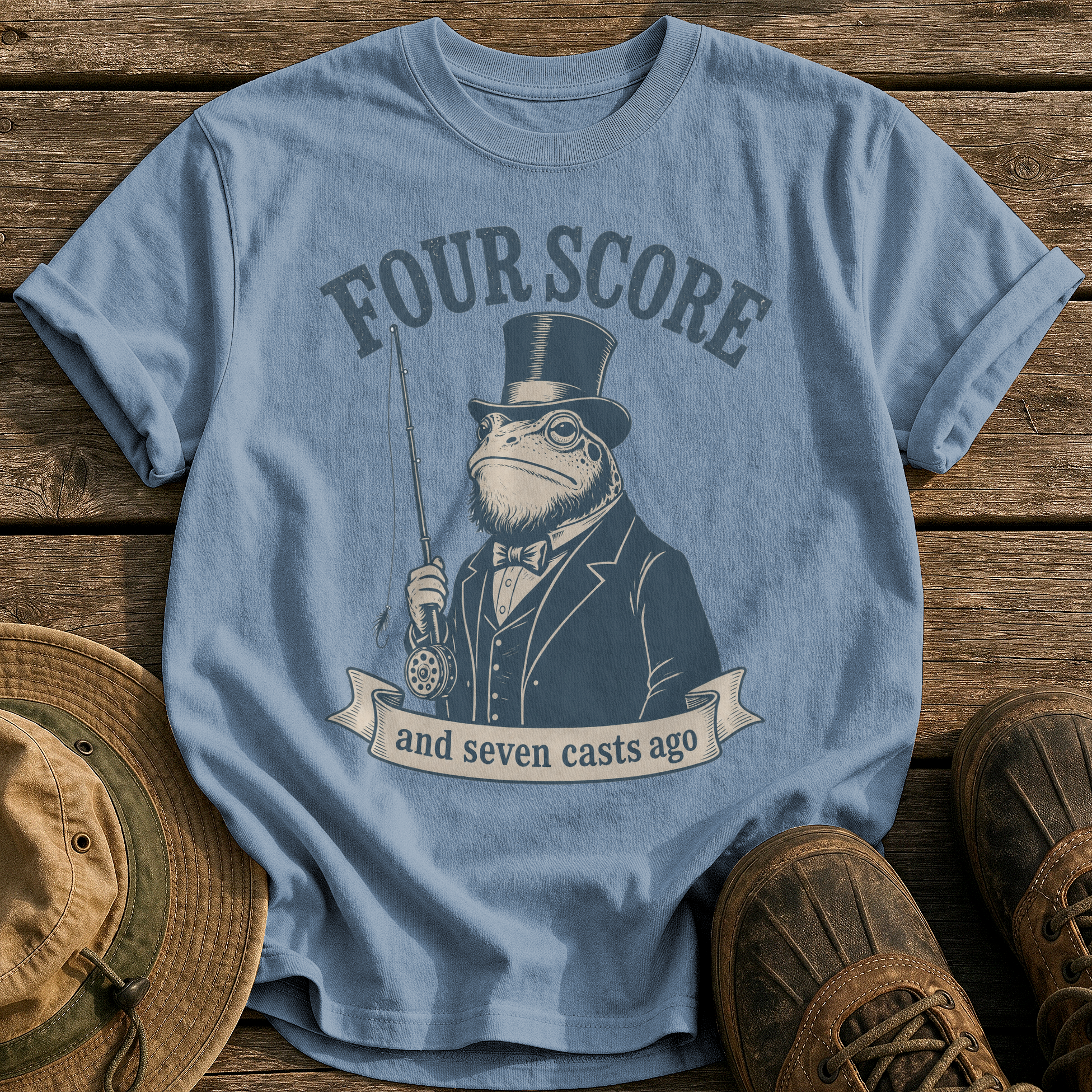 Four Score Seven Casts tee - Blue Jean - front