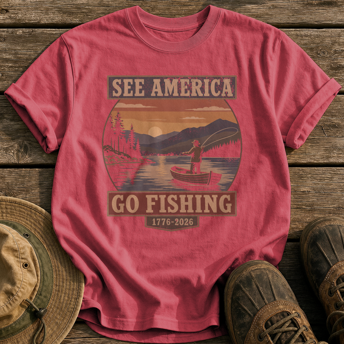 See America Go Fishing tee - Chili - front