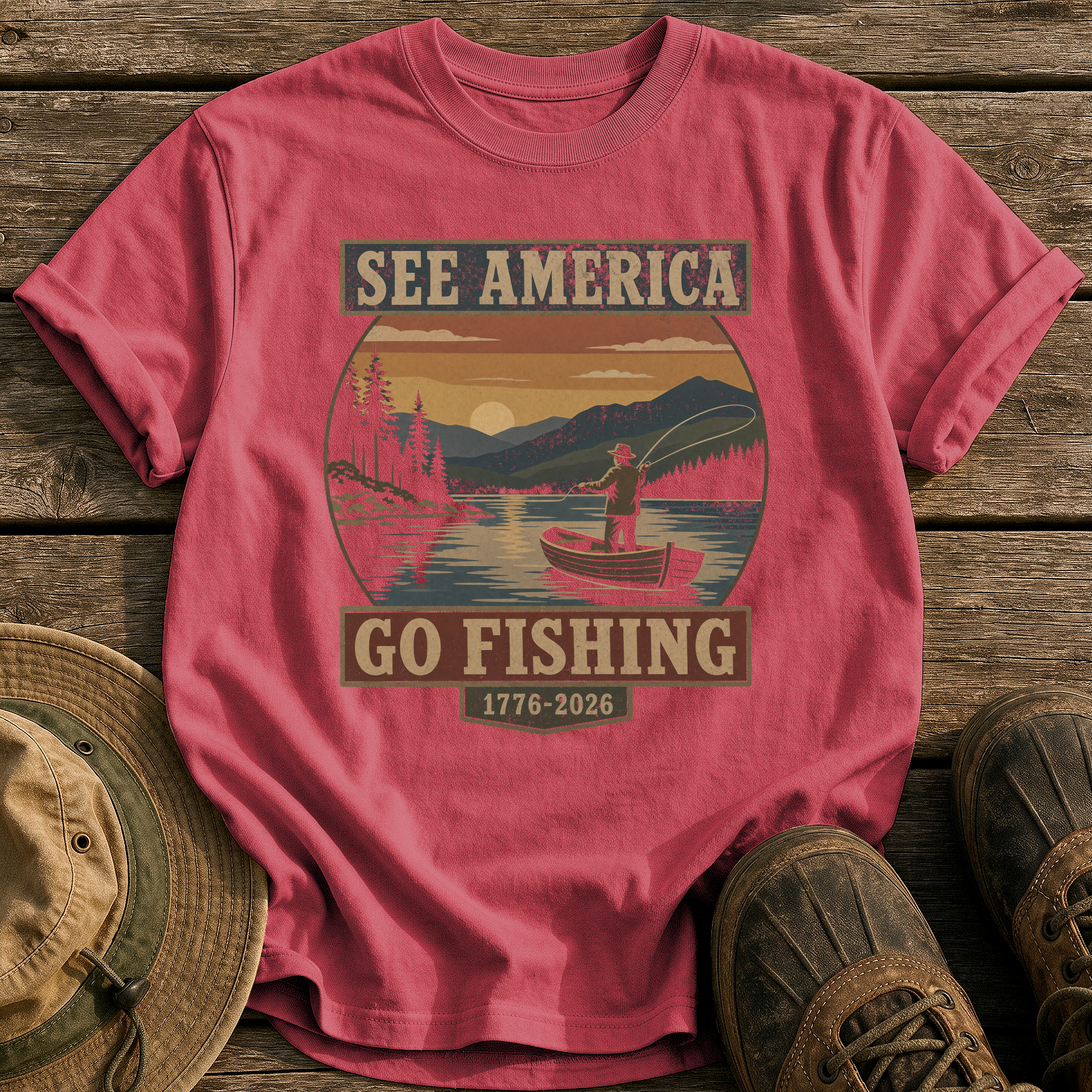 See America Go Fishing tee - Chili - front