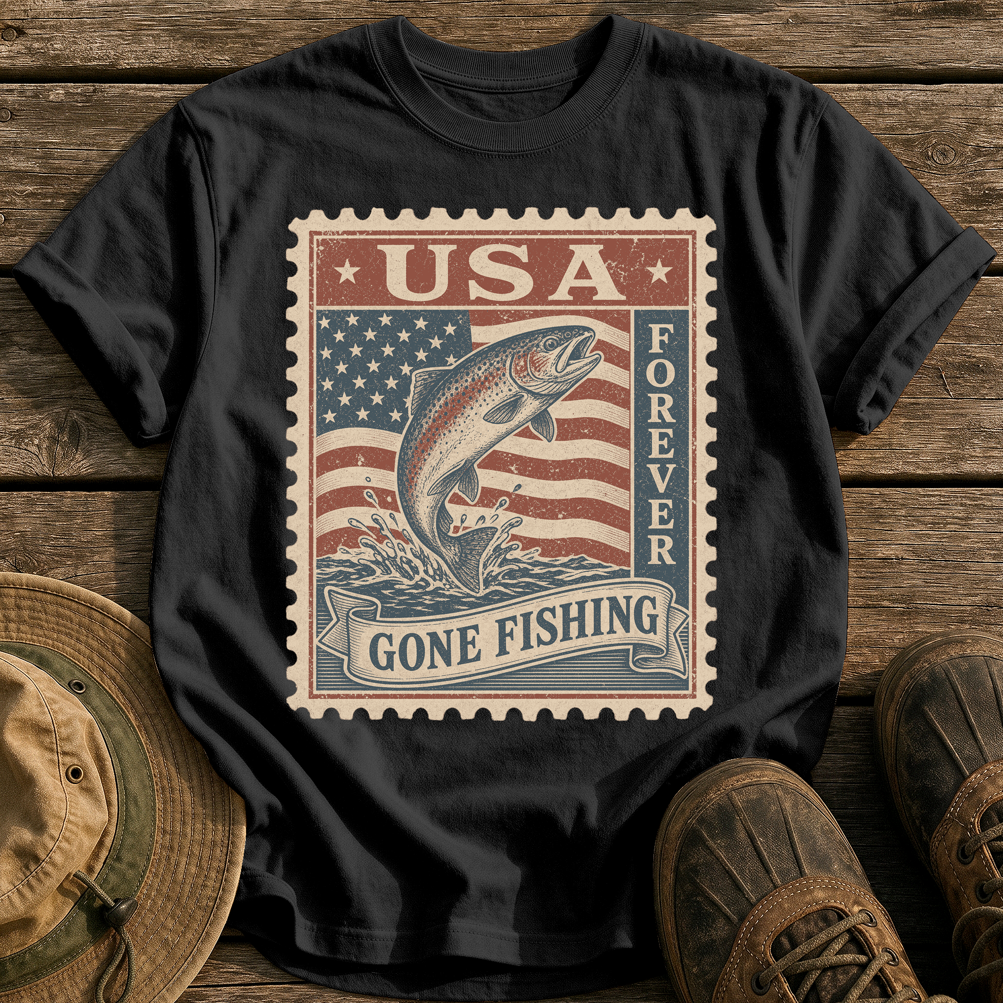 USA Forever Fishing Stamp tee - Black - front